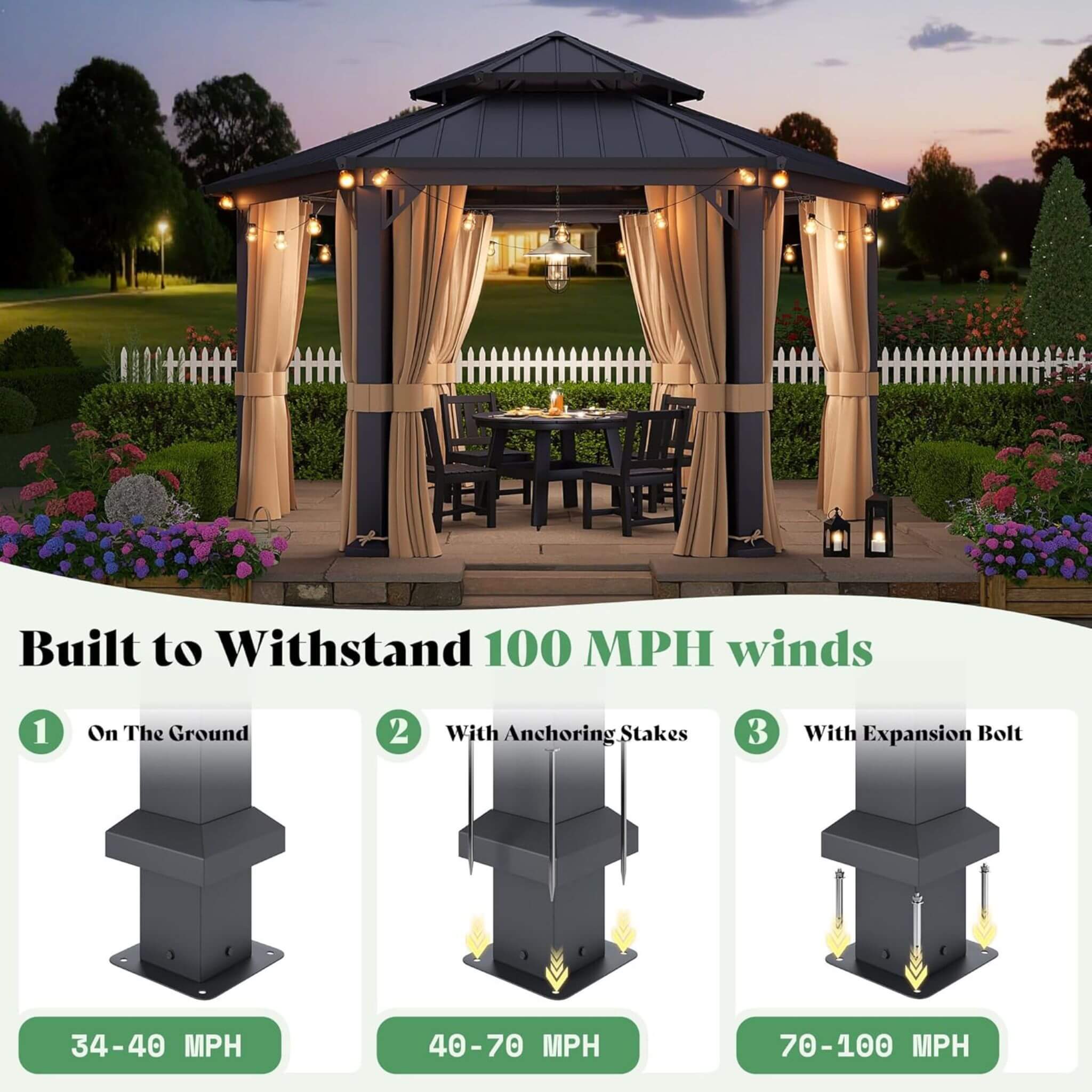 Alora 13x15 ft Hexagonal Hardtop Gazebo with Curtains & Netting – Outdoor Pavilion