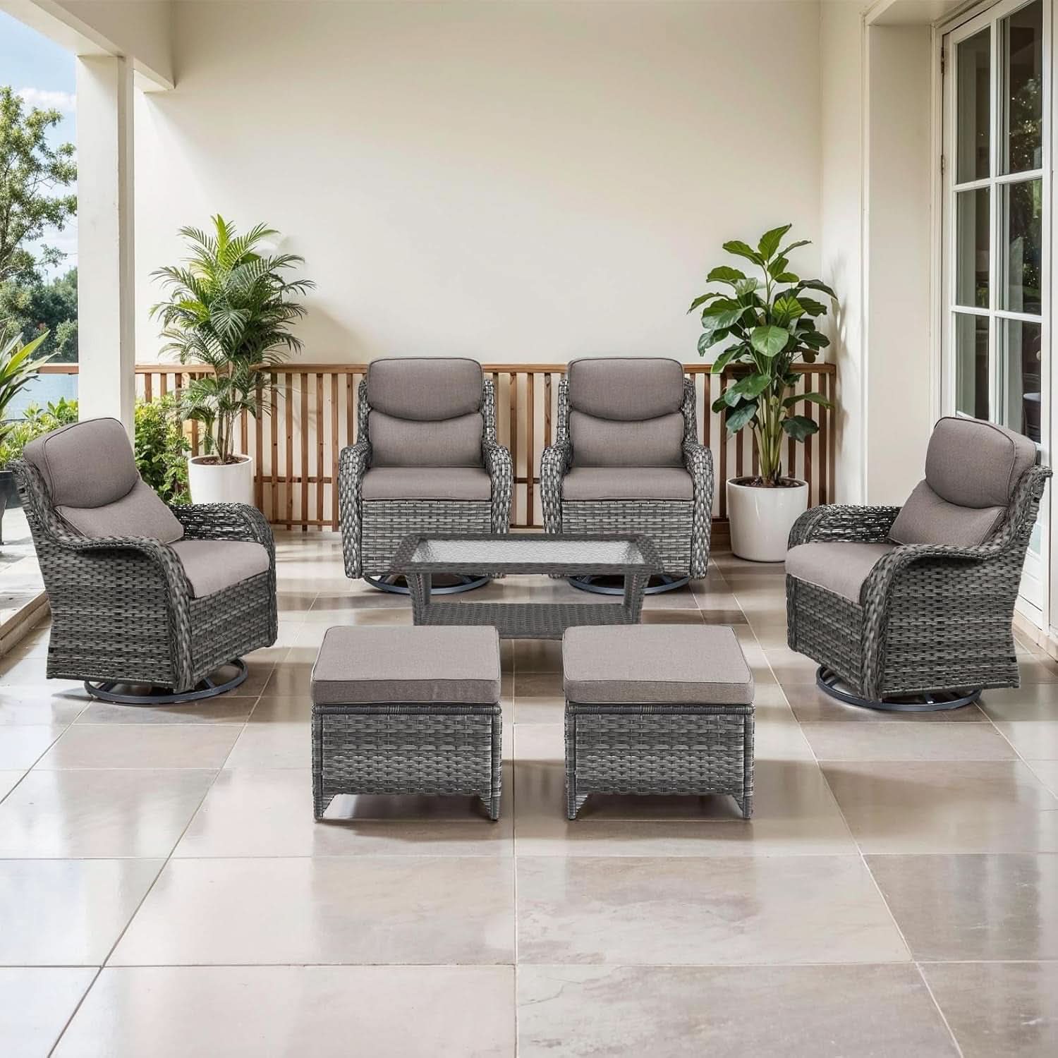 7-Piece Outdoor Patio Conversation Set with Swivel Rocker Chairs & Ottomans
