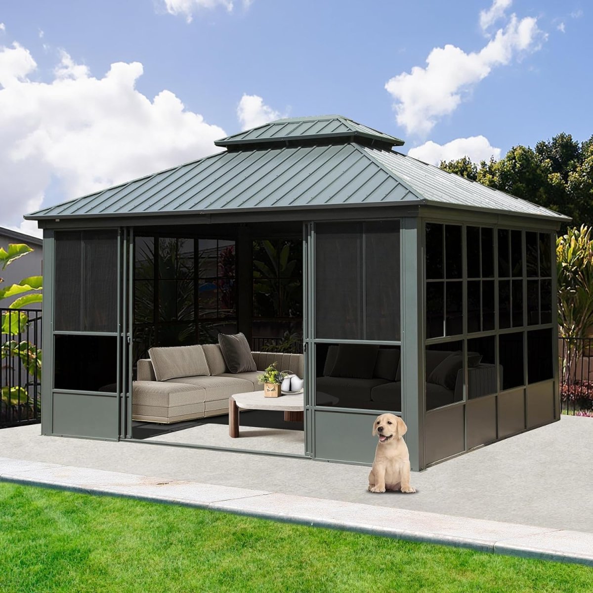 12x14 ft Enclosed Hardtop Gazebo with Sliding Doors & Double Roof – All-Season Outdoor Pavilion
