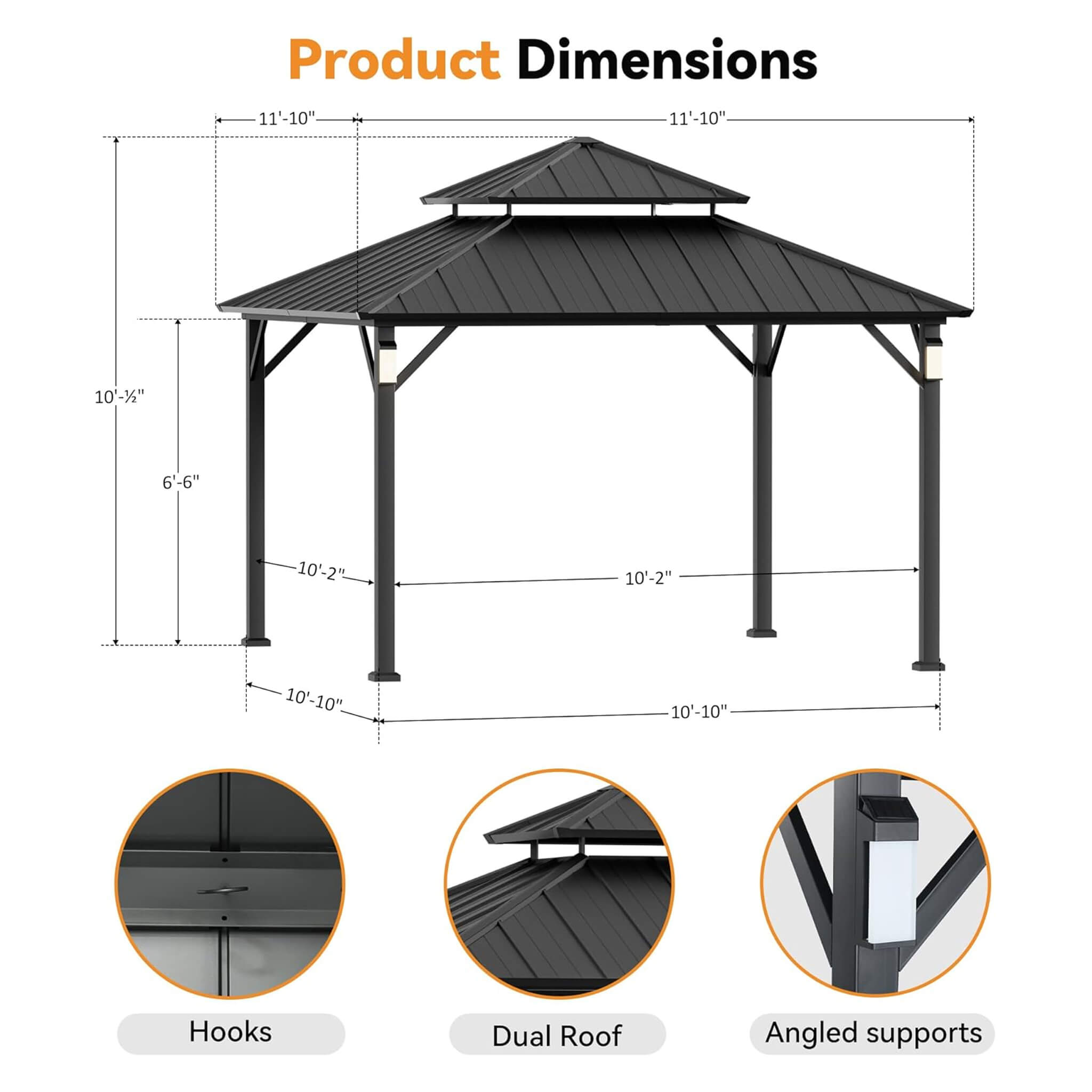 Alora Hardtop Aluminum Gazebo with Double Roof, Solar LED Lights & Mosquito Netting