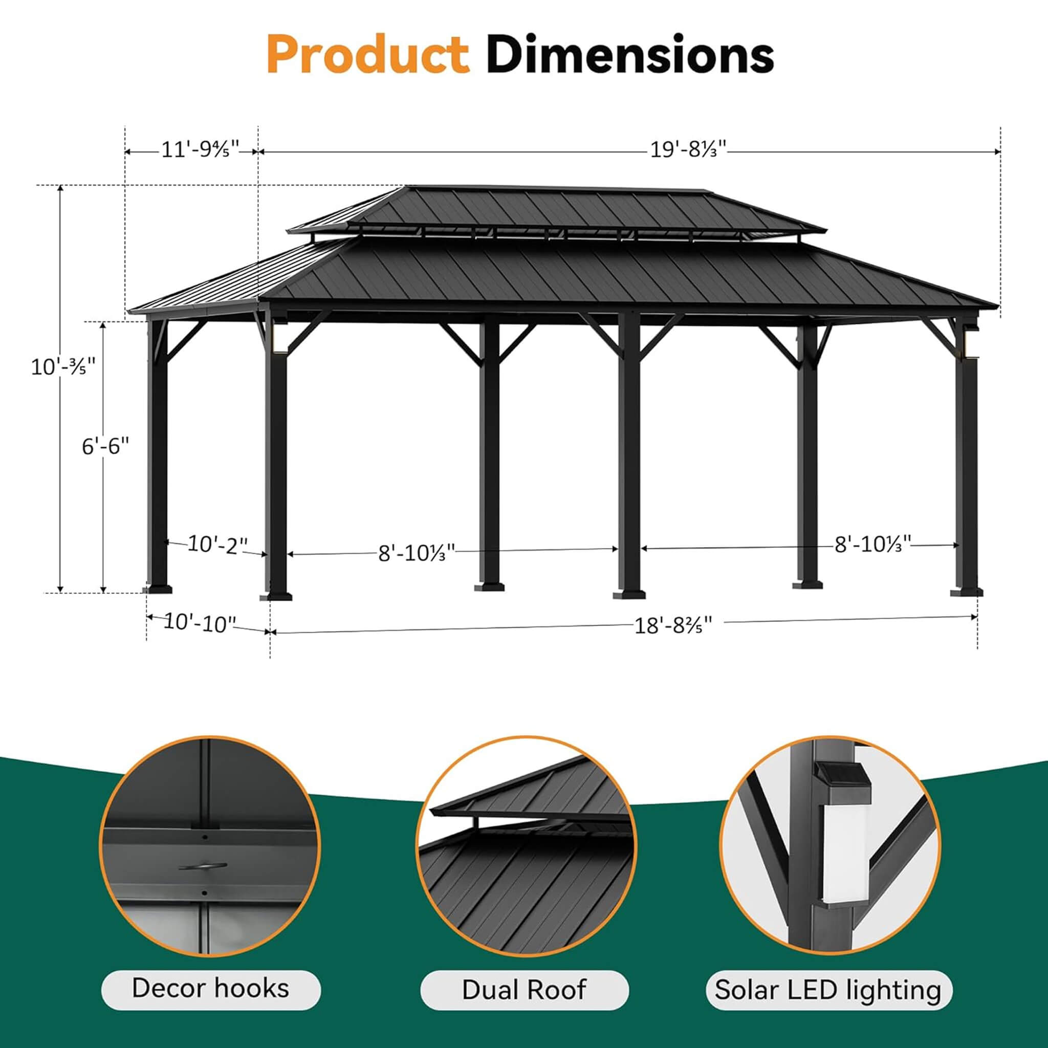 Alora Hardtop Aluminum Gazebo with Double Roof, Solar LED Lights & Mosquito Netting