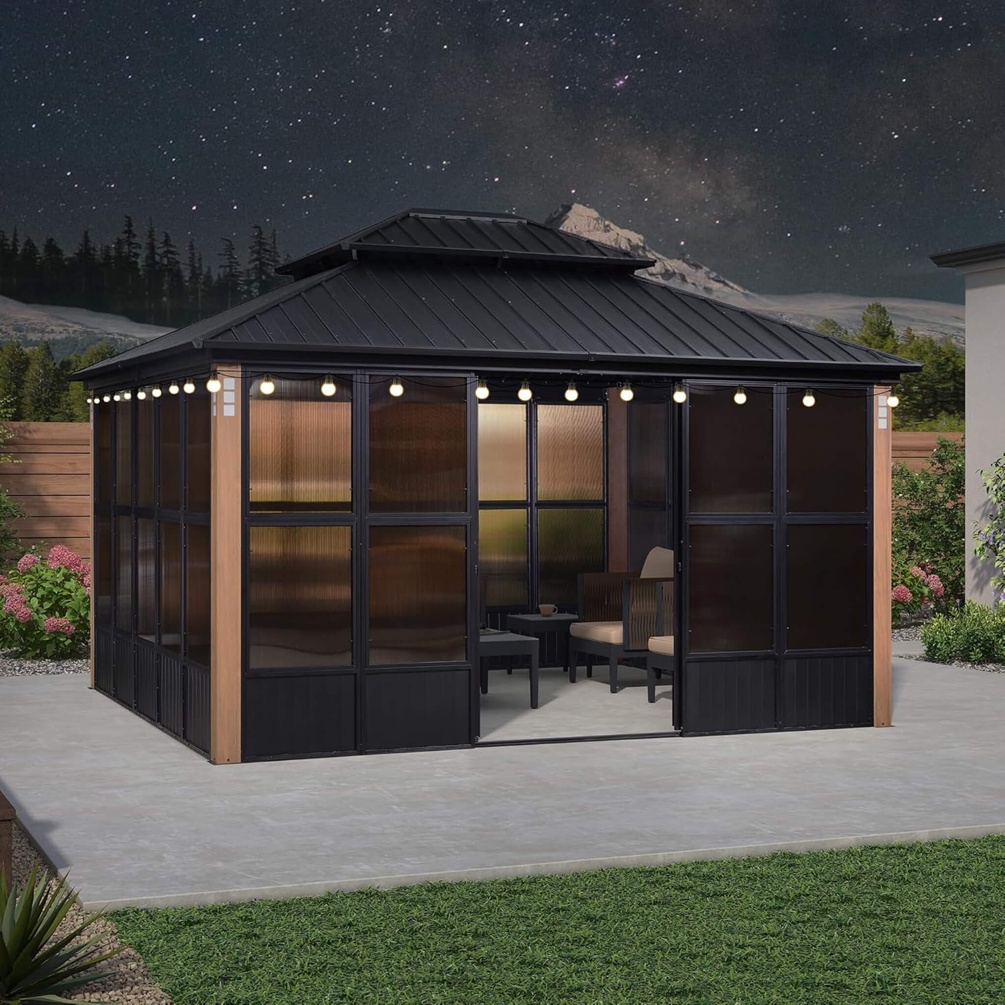 Alora Oasis Hardtop Aluminum Outdoor Sunroom with Sliding Doors & LED Lights