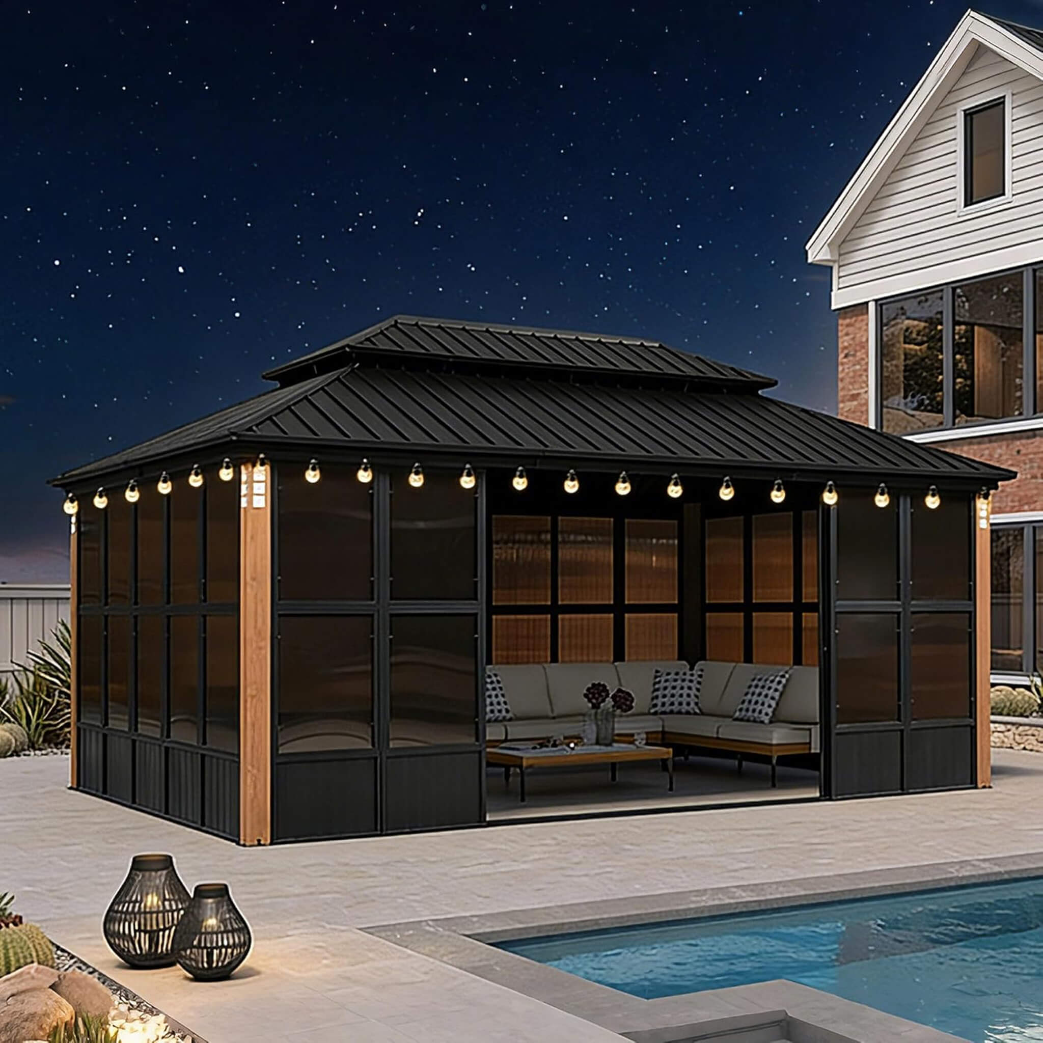 Alora Oasis Hardtop Aluminum Outdoor Sunroom with Sliding Doors & LED Lights