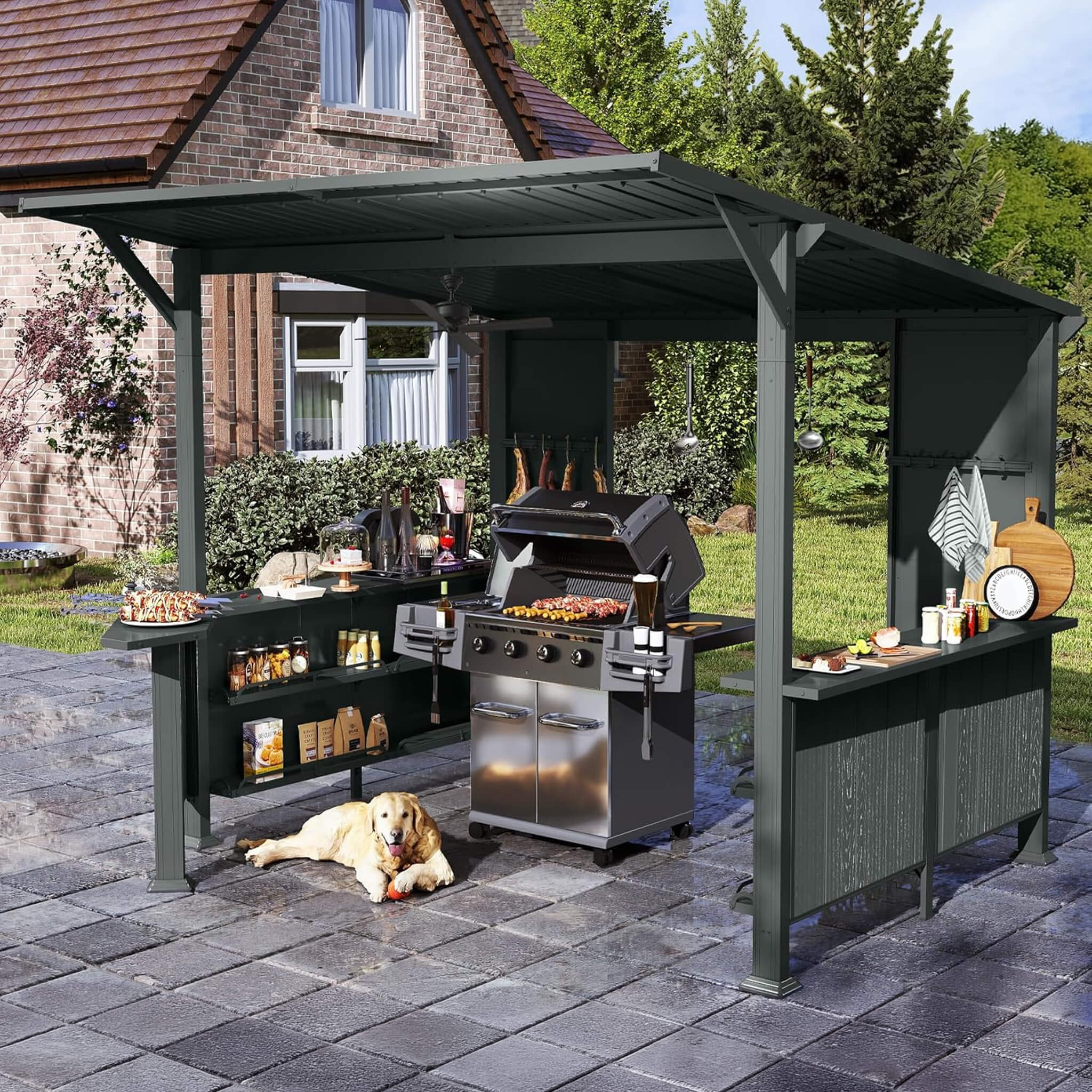 Alora 9x10 ft Hardtop Grill Gazebo with Slanted Roof – Outdoor BBQ Shelter