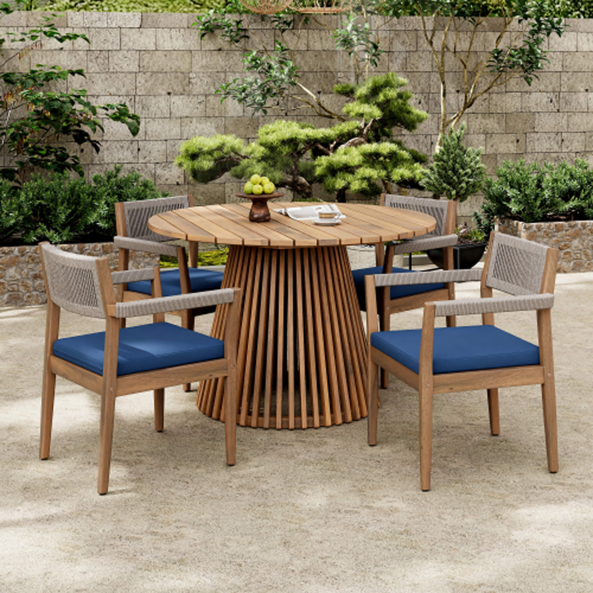 Alora 5-Piece Acacia Wood Outdoor Dining Set with Braided Chairs & Cushions