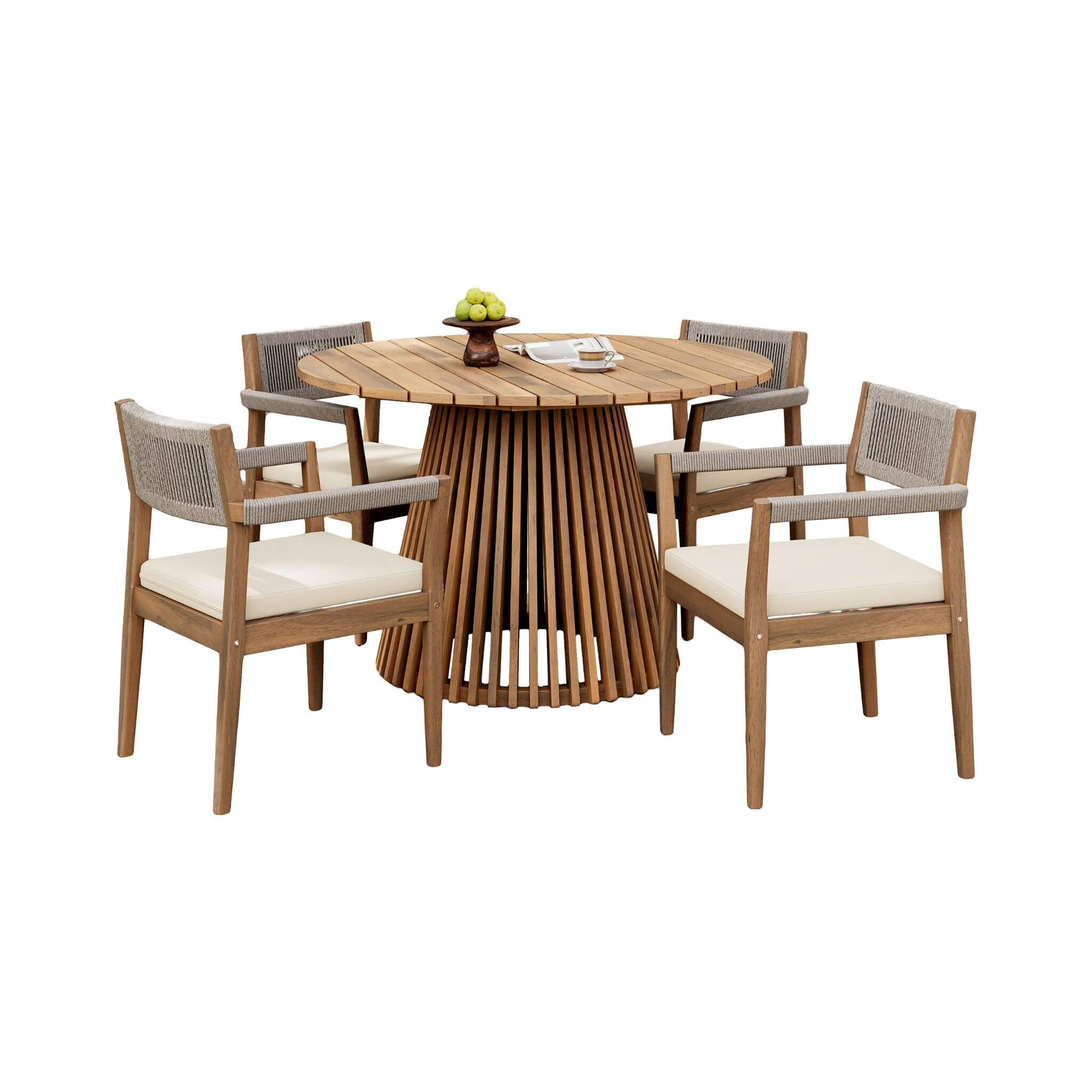 Alora 5-Piece Acacia Wood Outdoor Dining Set with Braided Chairs and Cushions