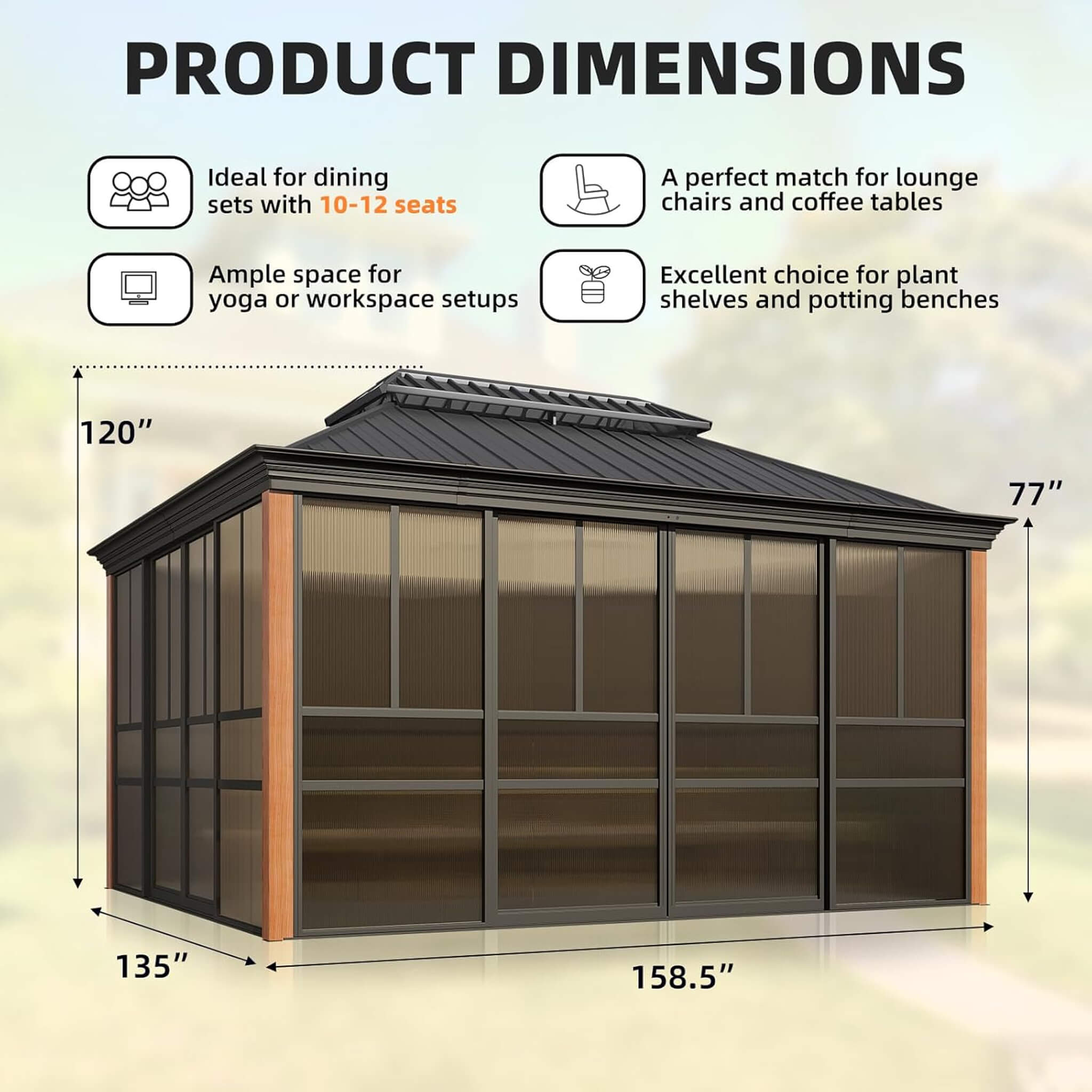 Alora All-Season Outdoor Sunroom with Wood-Grain Aluminum Frame, Sliding Doors & Double Roof
