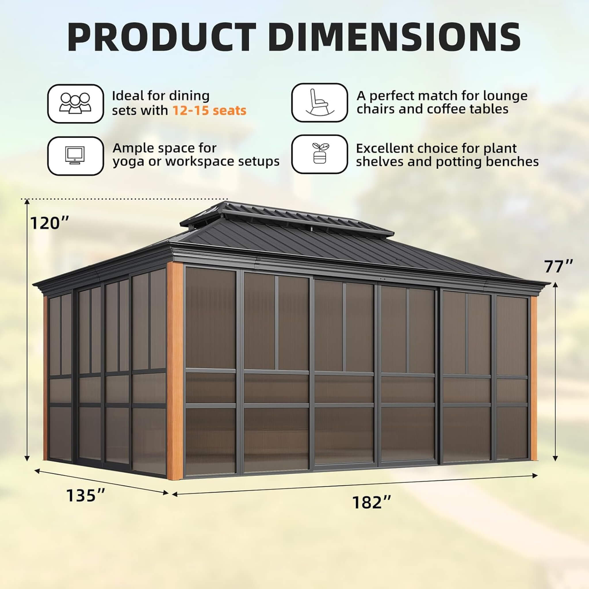 Alora All-Season Outdoor Sunroom with Wood-Grain Aluminum Frame, Sliding Doors & Double Roof