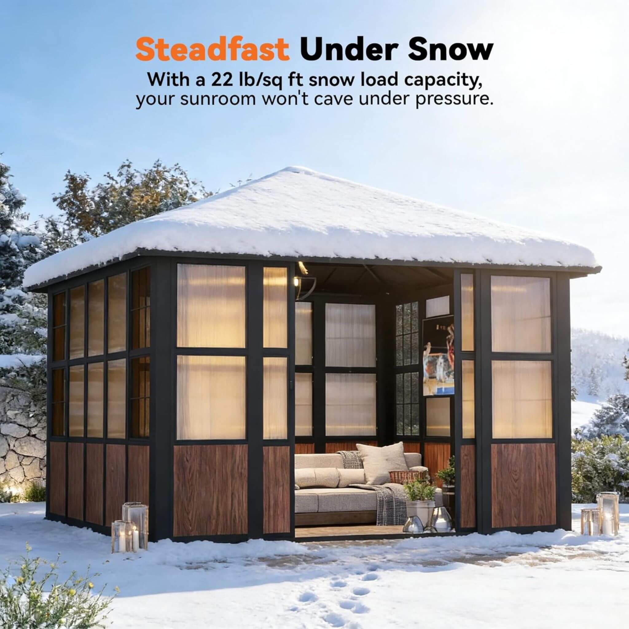 Alora Aluminum Outdoor Sunroom Solarium with Sliding Doors, TV Mount & Power Outlet