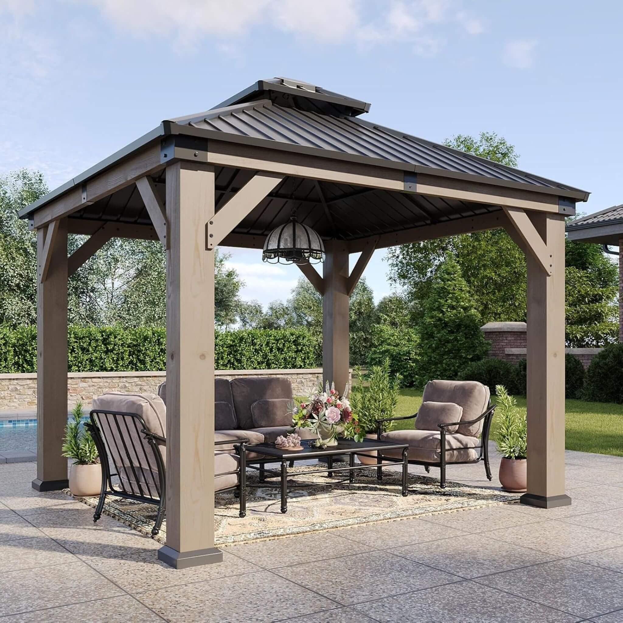 Alora Cedar Wood Hardtop Gazebo with Double Roof & Ceiling Hooks – Outdoor Pavilion