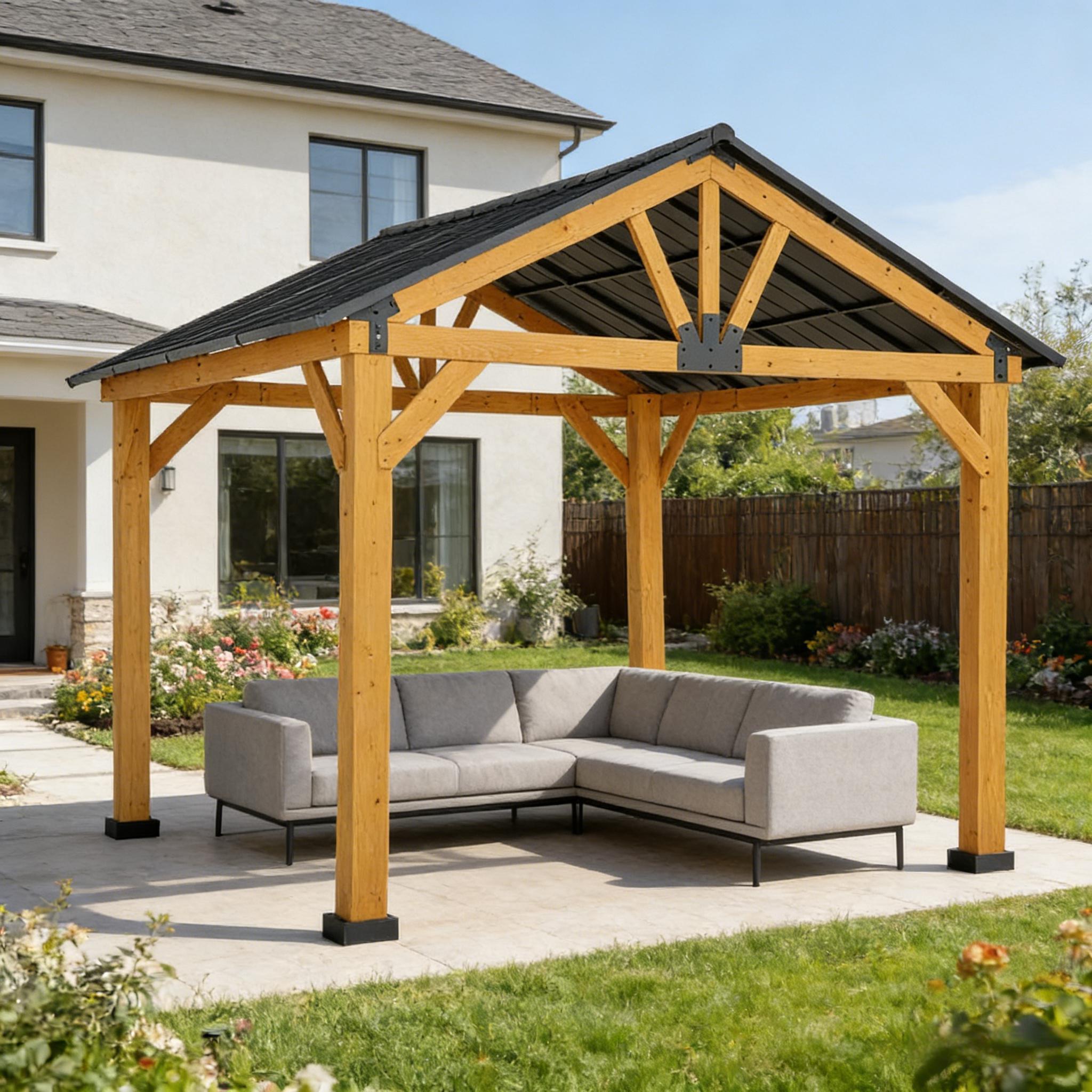 Outdoor Hardtop Gazebo with Wood Frame & Slanted Steel Roof