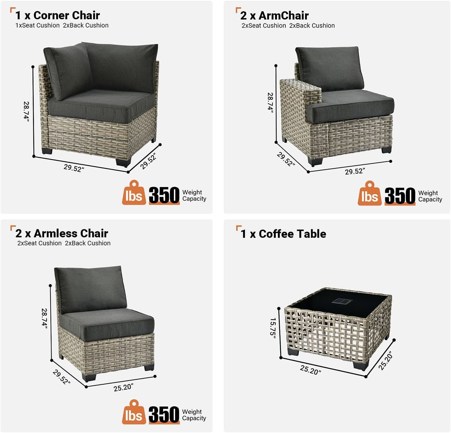 6 Piece Outdoor Rattan Wicker Sectional Sofa Set with light up Coffee Table