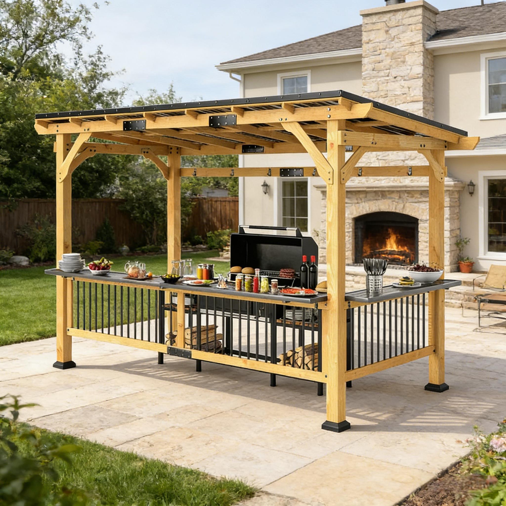 6x13 ft Wooden Grill Gazebo with Metal Roof, Side Shelves & Tool Hooks – Outdoor BBQ Shelter