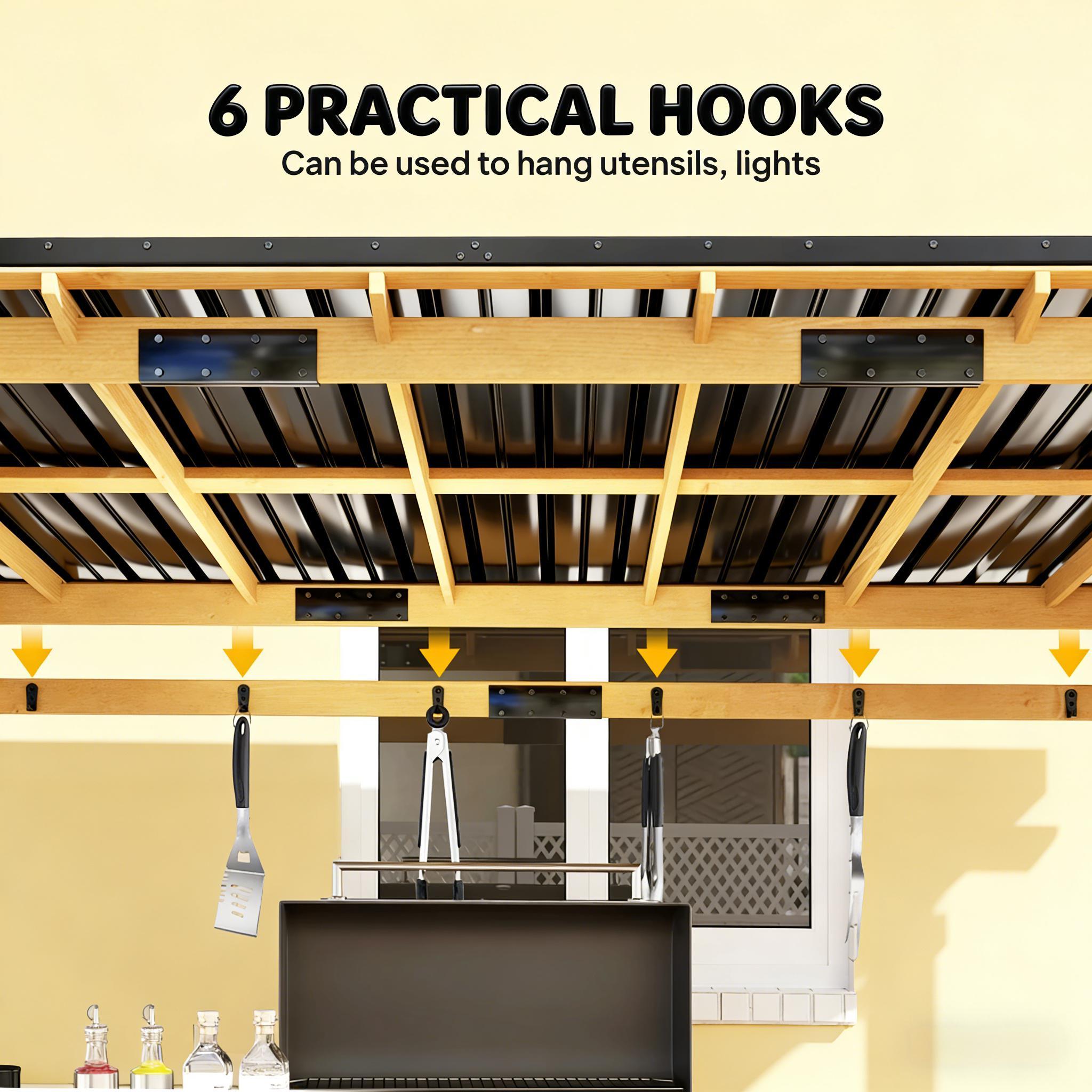 6x13 ft Wooden Grill Gazebo with Metal Roof, Side Shelves & Tool Hooks – Outdoor BBQ Shelter