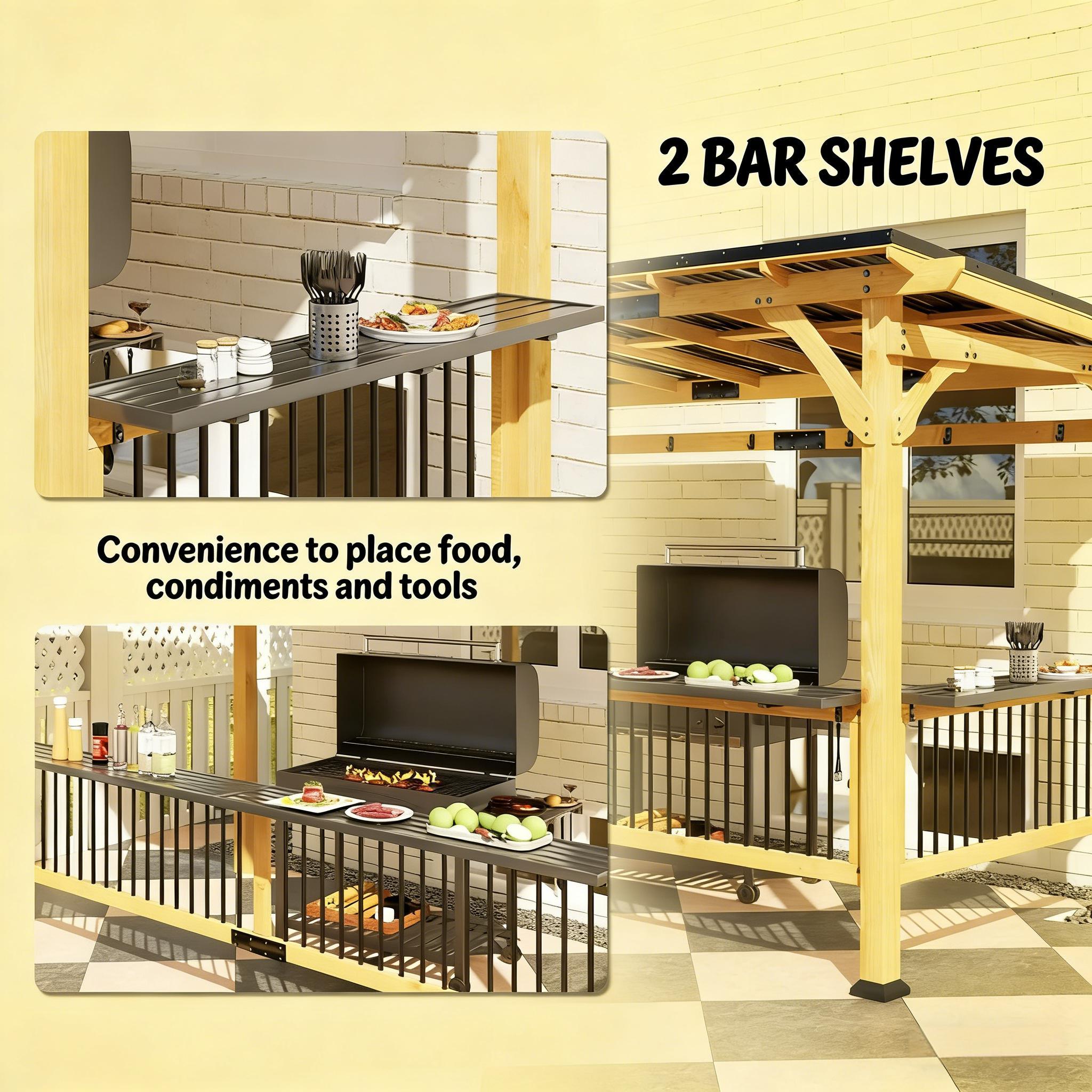 6x13 ft Wooden Grill Gazebo with Metal Roof, Side Shelves & Tool Hooks – Outdoor BBQ Shelter
