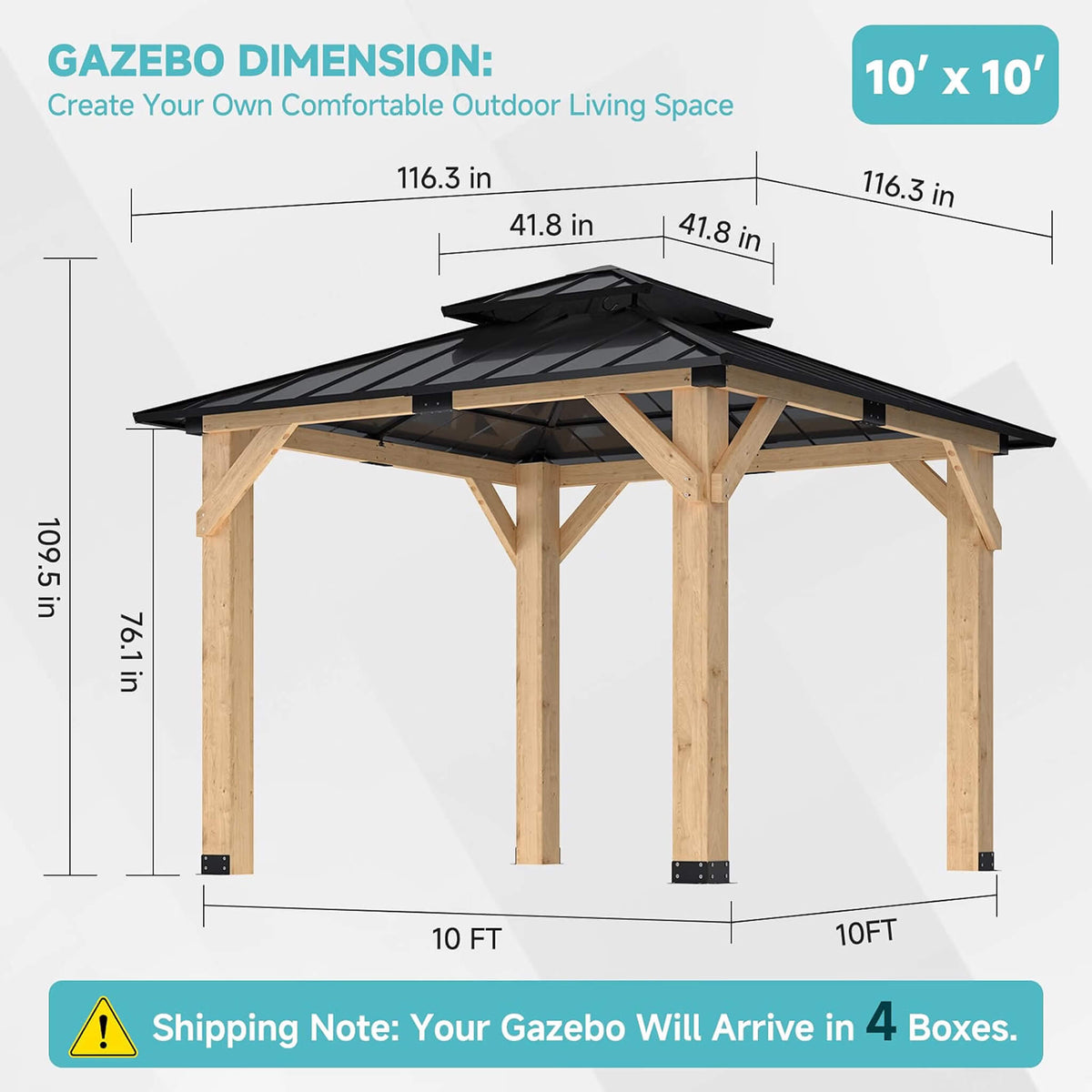 [10 × 10 FT] Permanent Galvanized Steel Double Roof Cedar Wood Gazebo