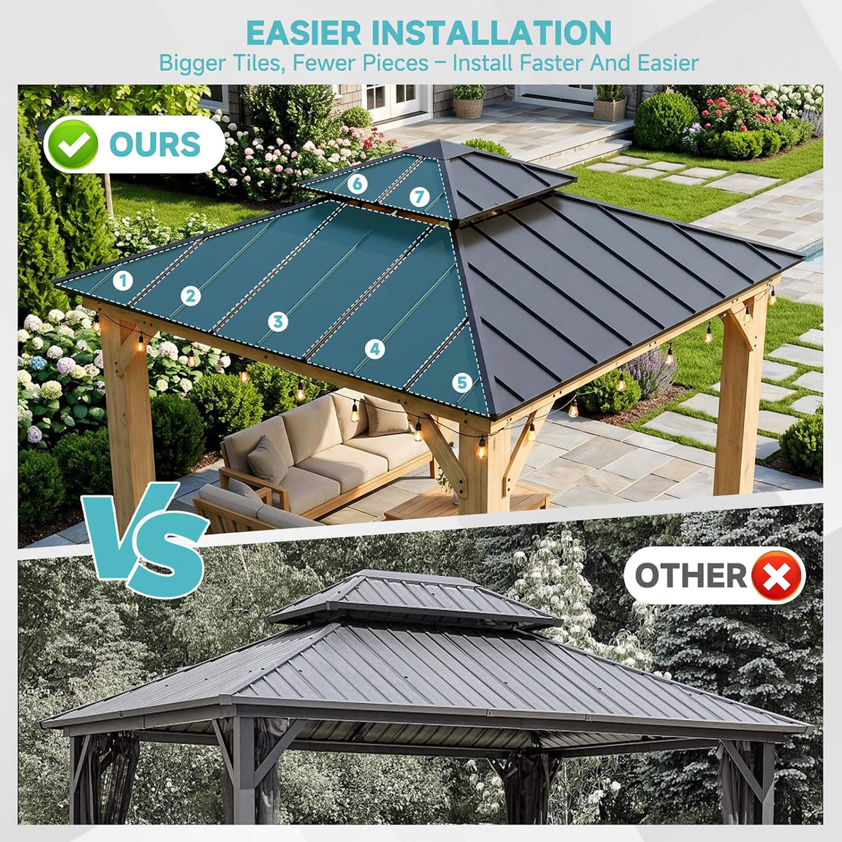 [10 × 10 FT] Permanent Galvanized Steel Double Roof Cedar Wood Gazebo
