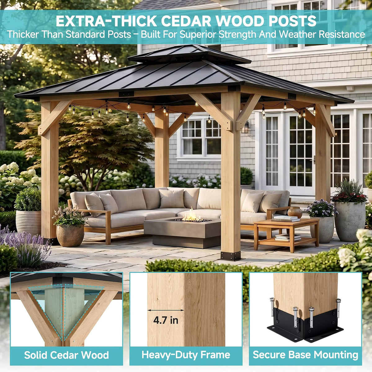 [10 × 10 FT] Permanent Galvanized Steel Double Roof Cedar Wood Gazebo