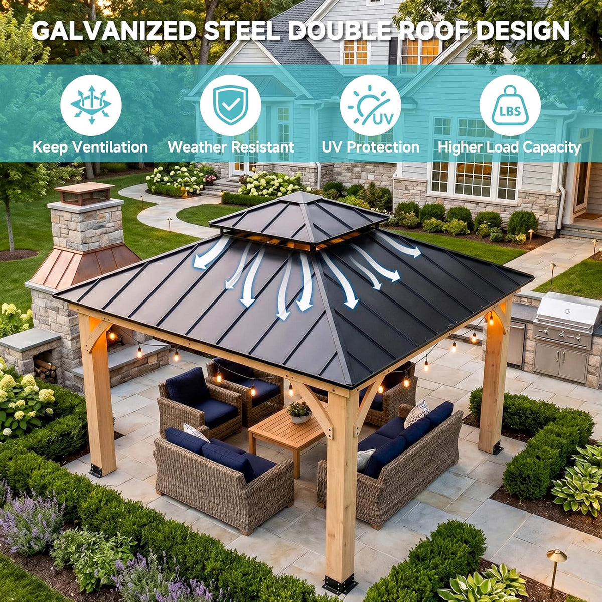 [10 × 10 FT] Permanent Galvanized Steel Double Roof Cedar Wood Gazebo