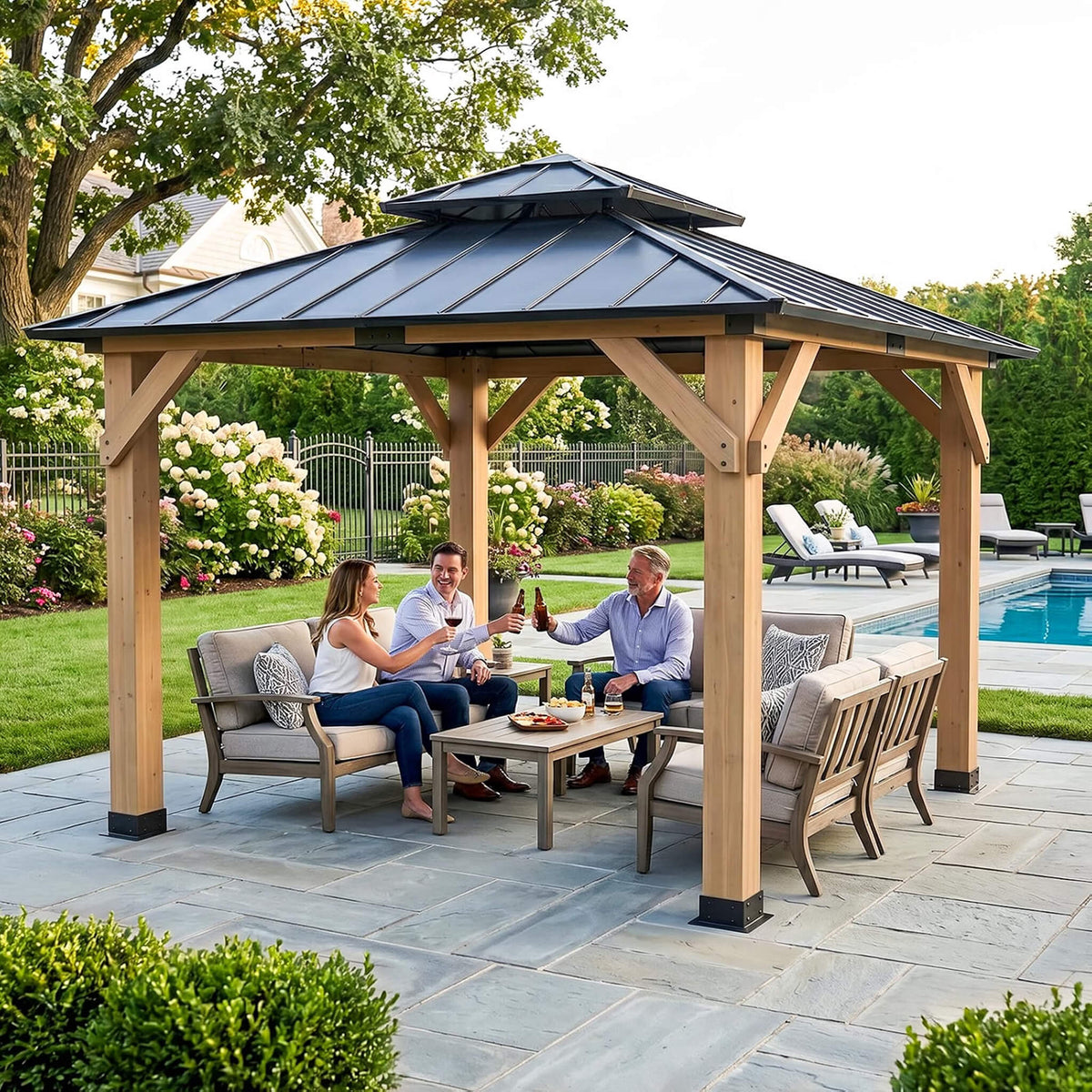 [10 × 10 FT] Permanent Galvanized Steel Double Roof Cedar Wood Gazebo