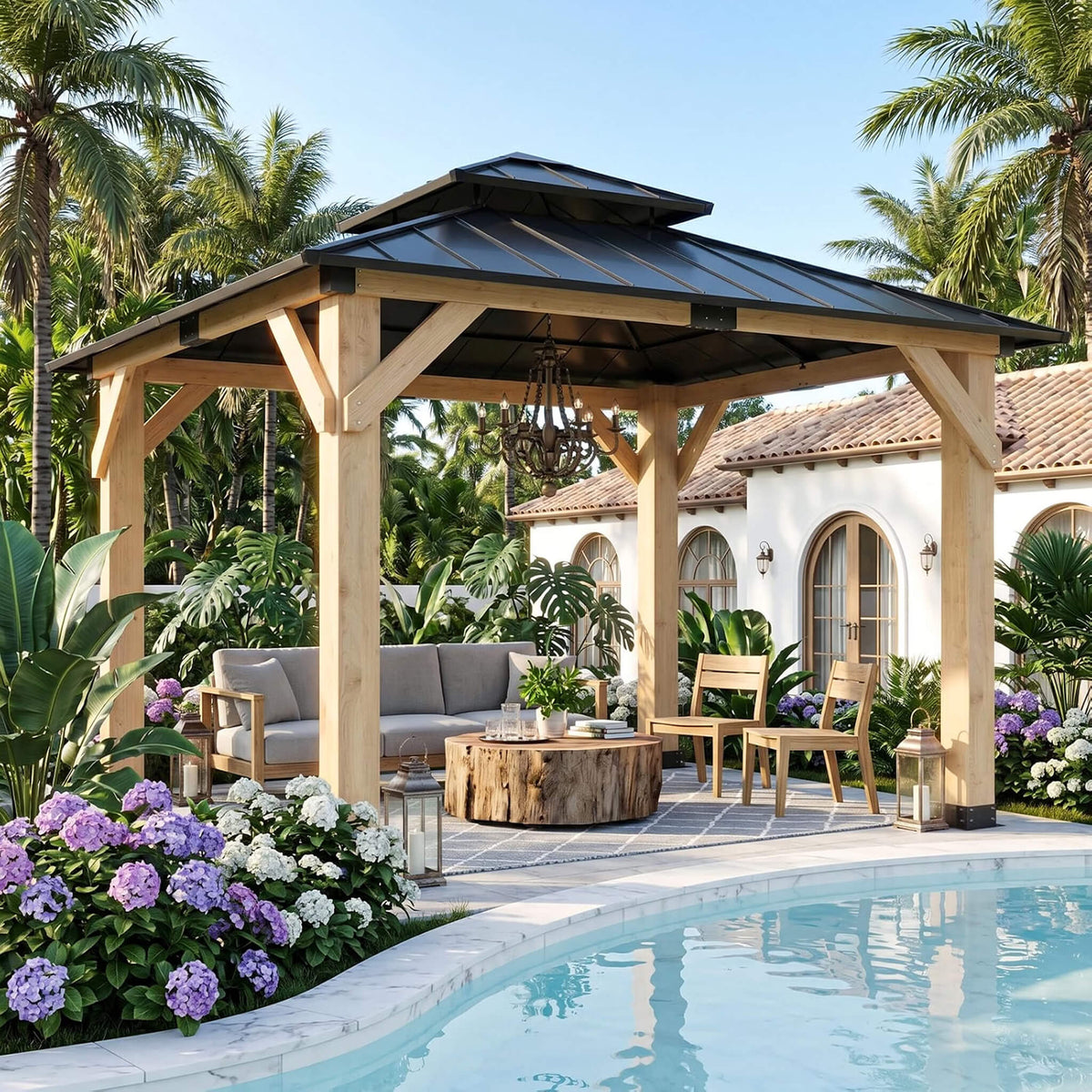 [10 × 10 FT] Permanent Galvanized Steel Double Roof Cedar Wood Gazebo