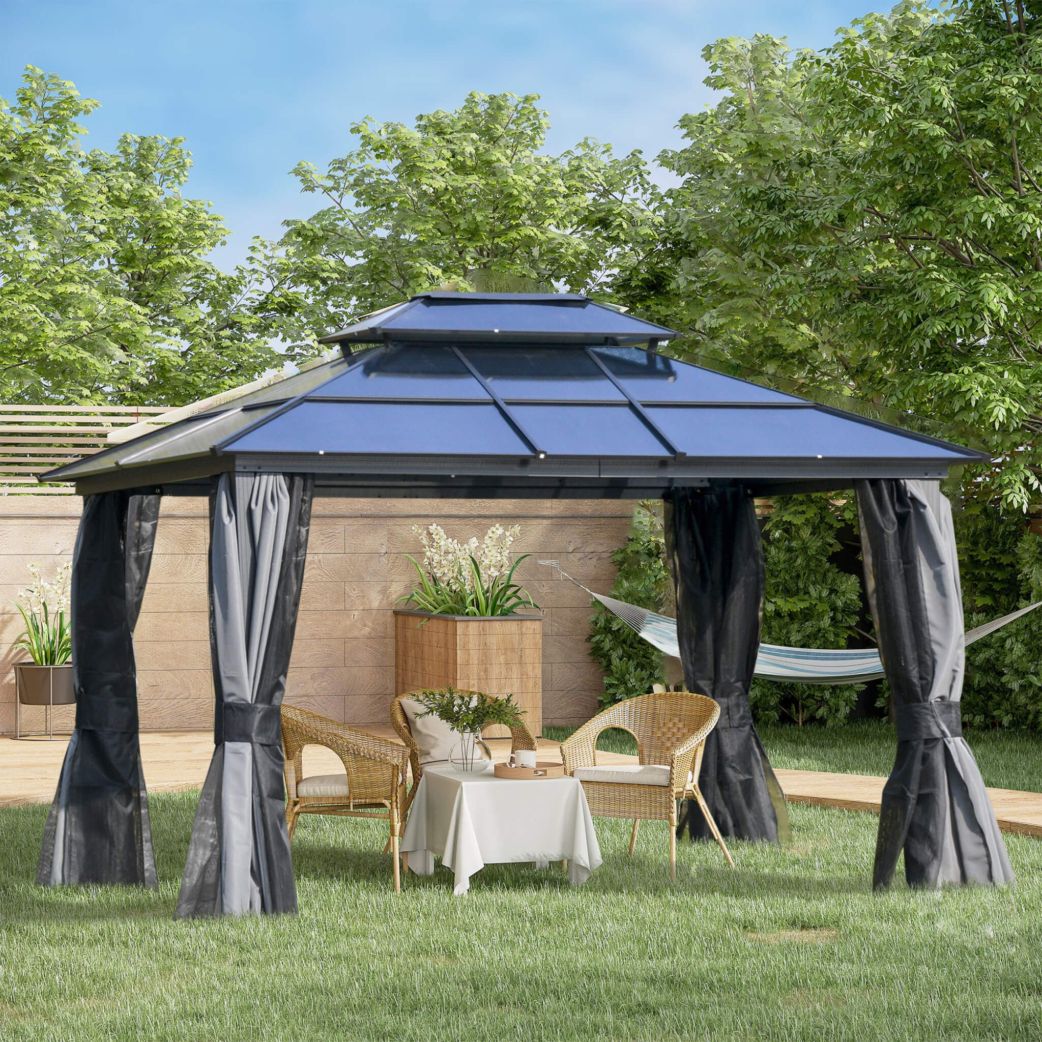 Alora 10x12 ft Hardtop Gazebo with Polycarbonate Double Roof, Curtains, Netting & Ceiling Hook