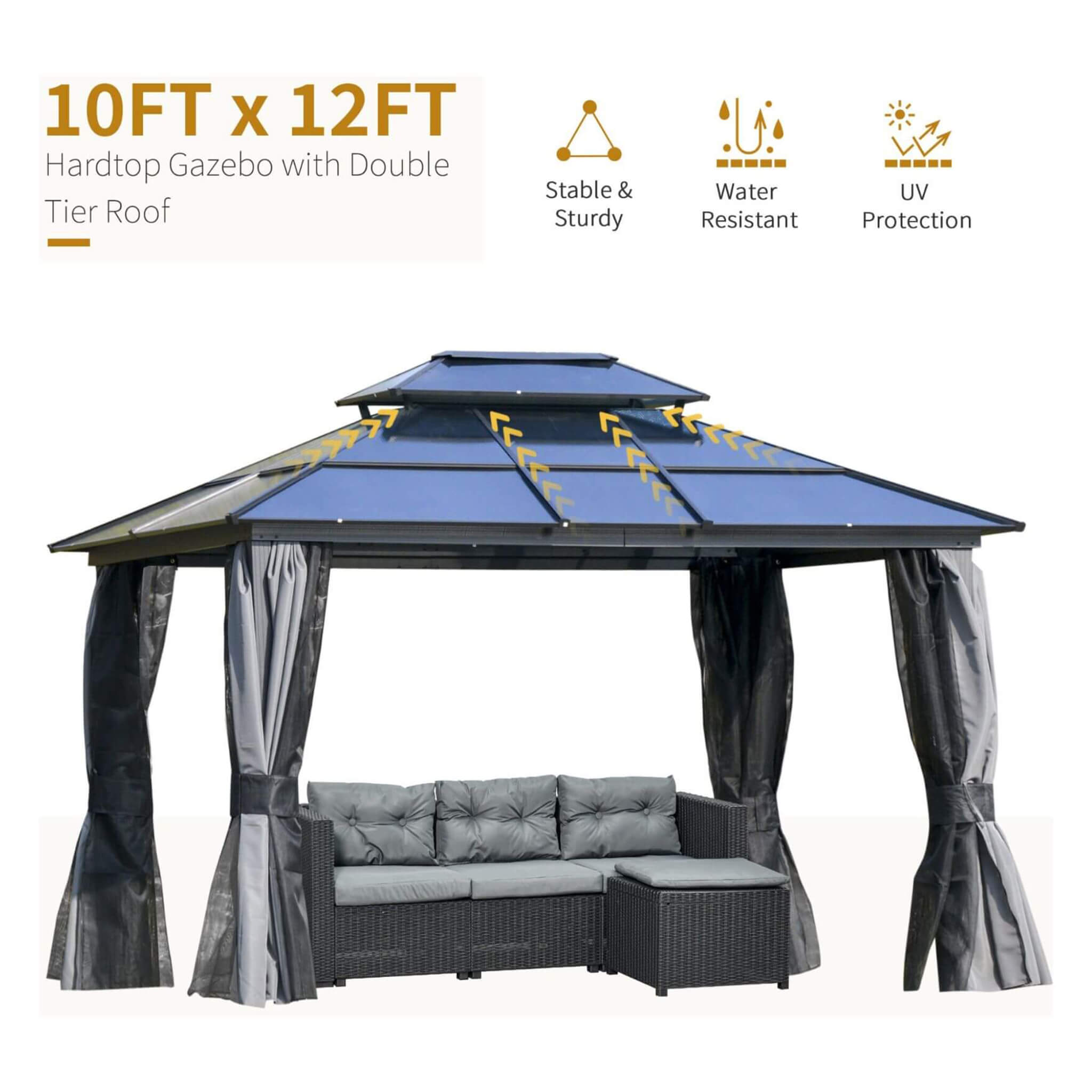Alora 10x12 ft Hardtop Gazebo with Polycarbonate Double Roof, Curtains, Netting & Ceiling Hook