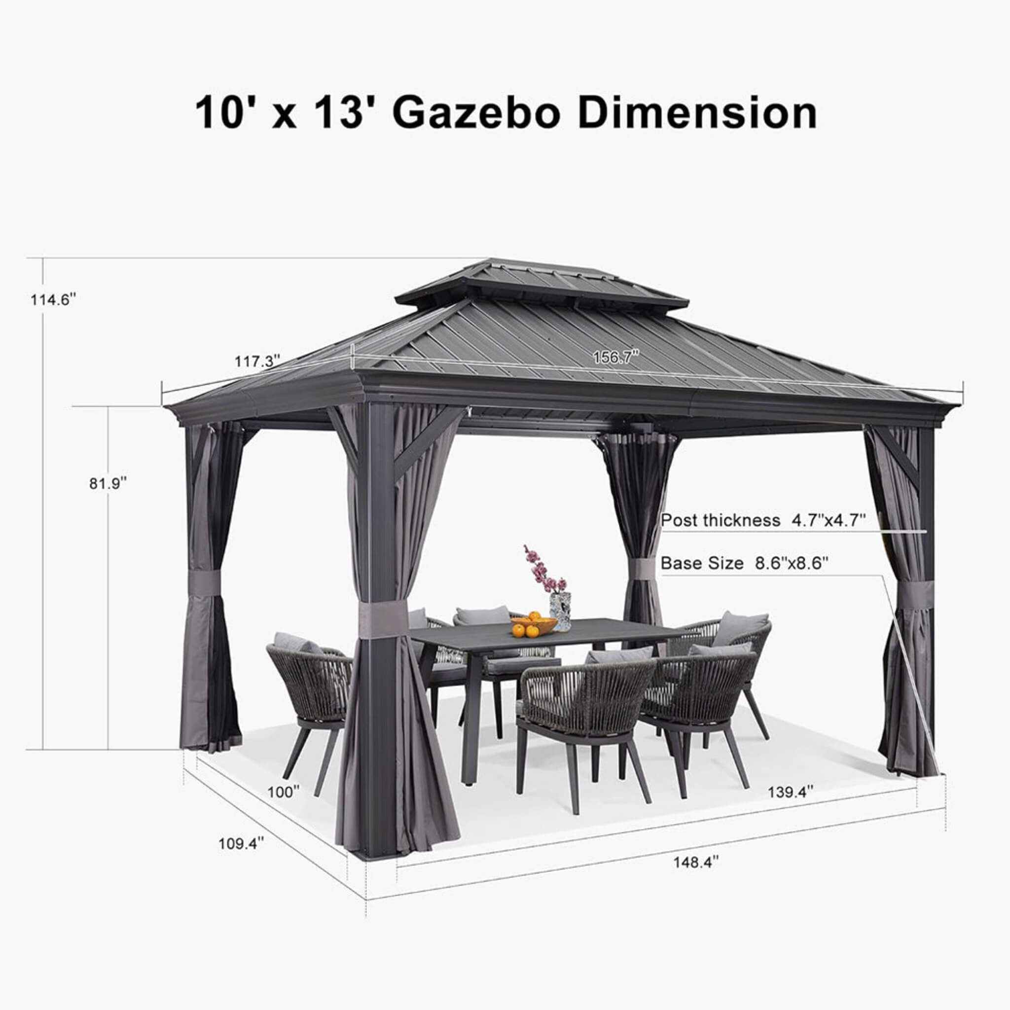 10x13 ft Aluminum Hardtop Gazebo with Double Roof, Curtains & Netting