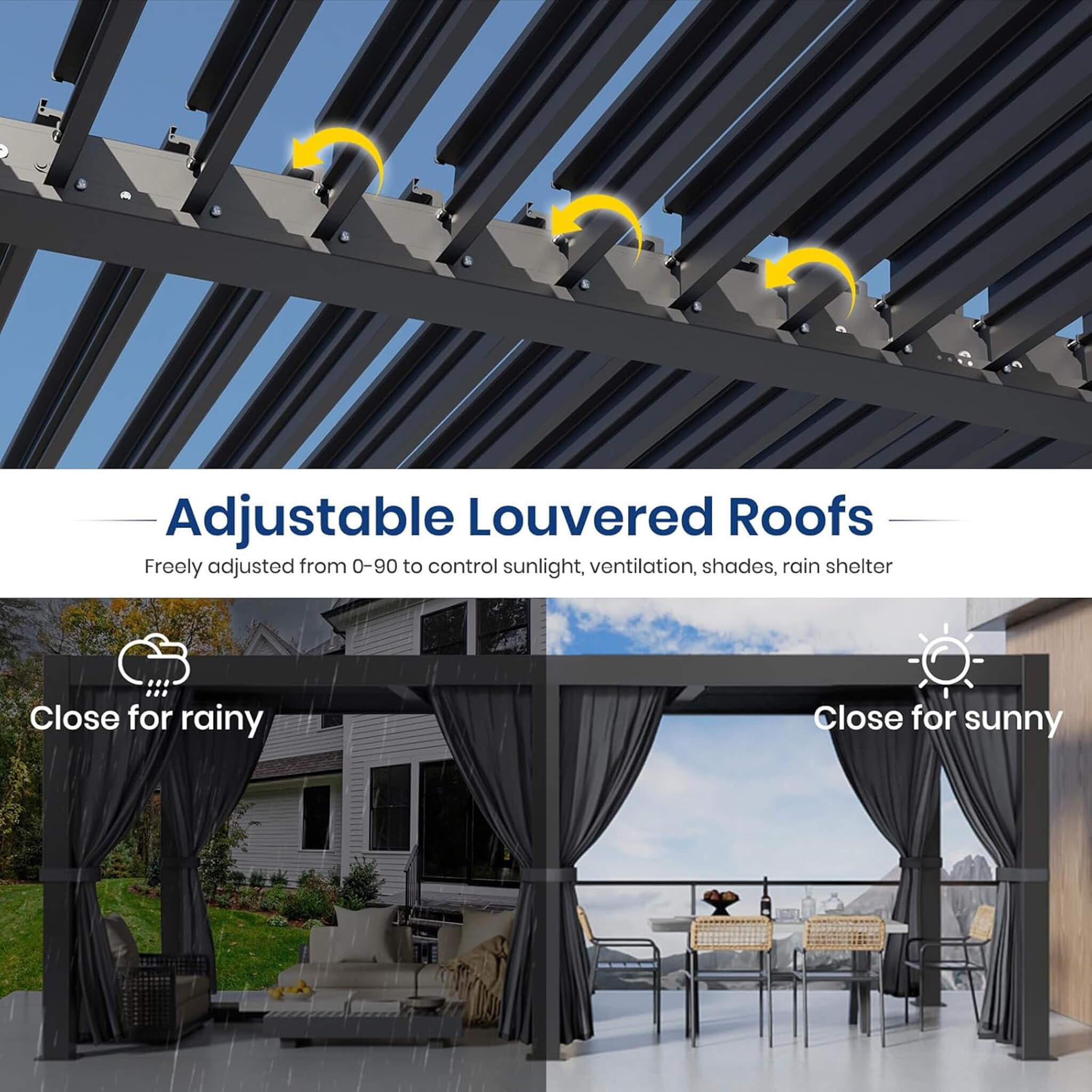 [10 ft x 20 ft] Alora Louvered Pergola with Adjustable Roof, Curtains & Netting