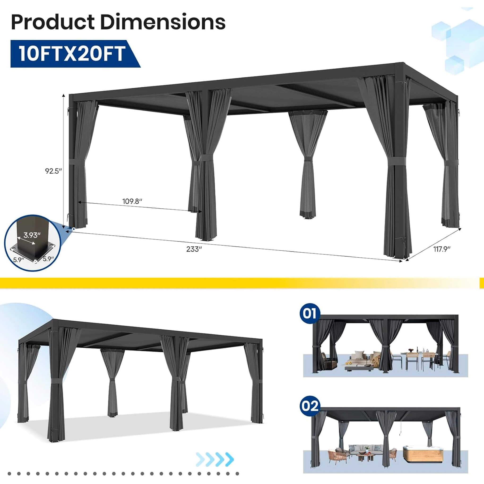 [10 ft x 20 ft] Alora Louvered Pergola with Adjustable Roof, Curtains & Netting