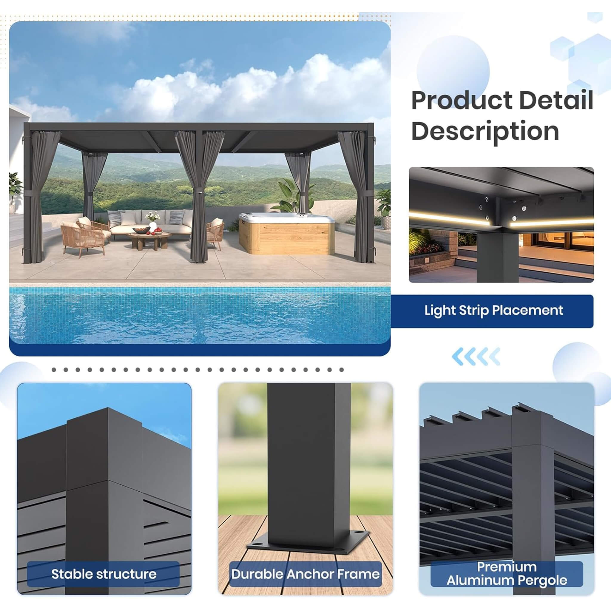 [10 ft x 20 ft] Alora Louvered Pergola with Adjustable Roof, Curtains & Netting