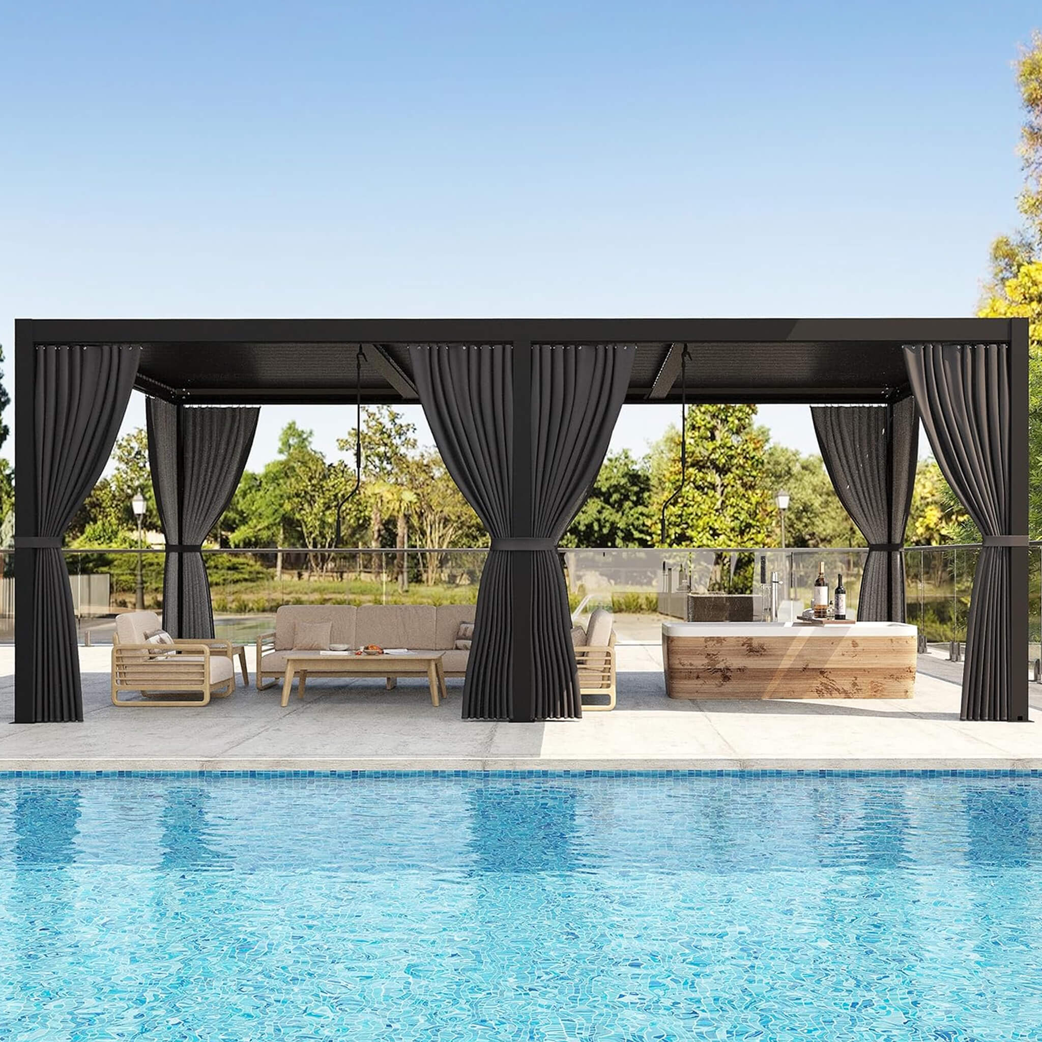 [10 ft x 20 ft] Alora Louvered Pergola with Adjustable Roof, Curtains & Netting