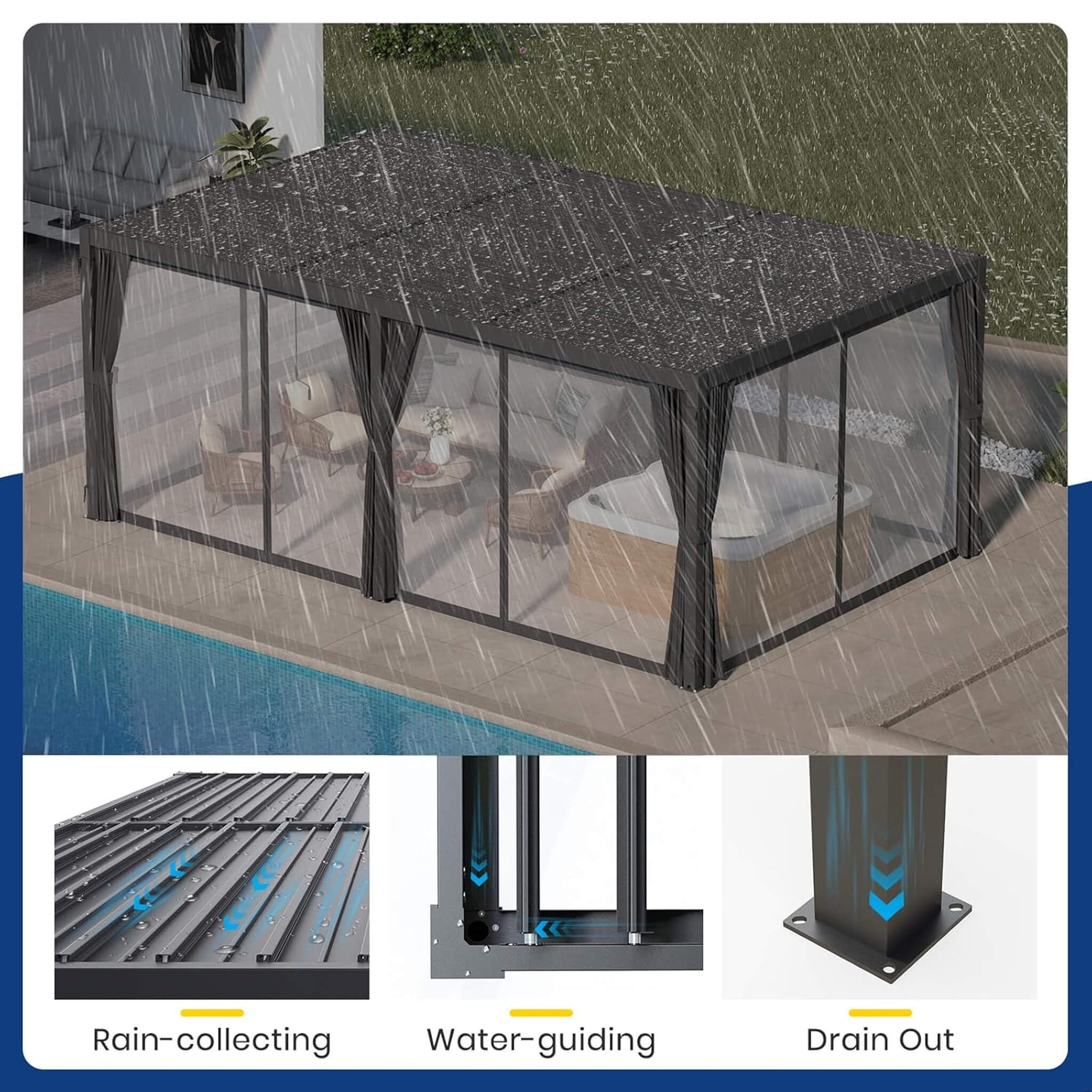 [10 ft x 20 ft] Alora Louvered Pergola with Adjustable Roof, Curtains & Netting