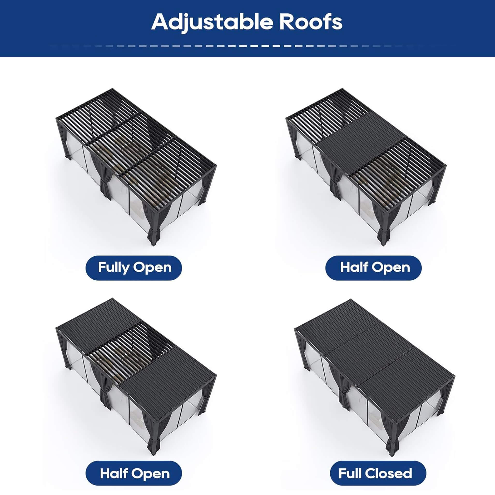 [10 ft x 20 ft] Alora Louvered Pergola with Adjustable Roof, Curtains & Netting