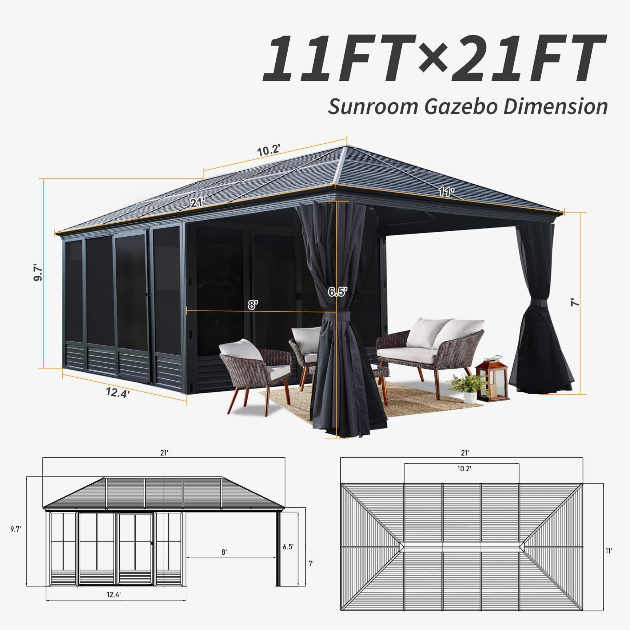 Alora 11x21 ft Enclosed Hardtop Gazebo with Sliding Door & Privacy Screens – Large Outdoor Pavilion