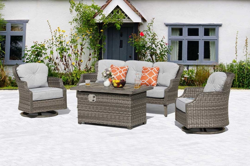 Tenaya 4-Piece Wicker Patio Set with Fire Pit Table & Swivel Rocking Chairs, 6" Cushions