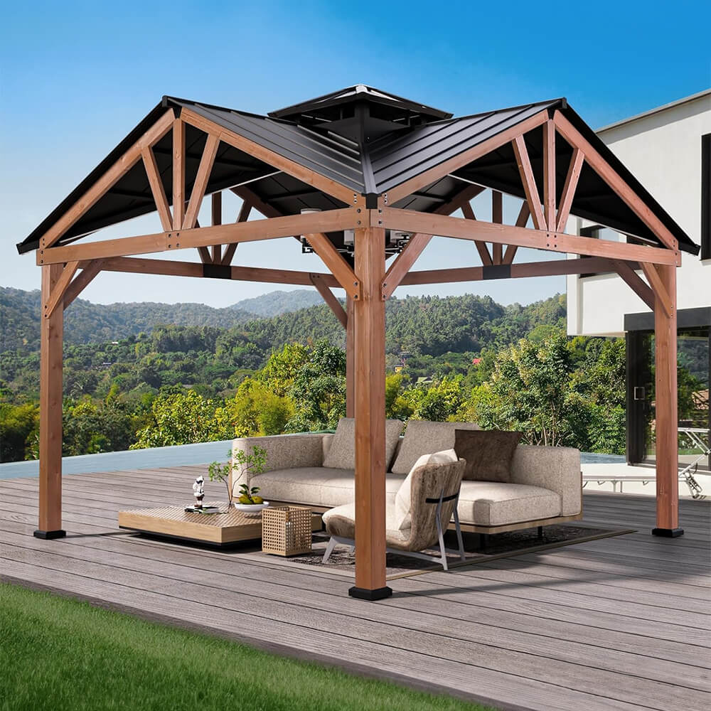 Alora 12x12 ft Cedar Wood Hardtop Gazebo with Galvanized Steel Roof