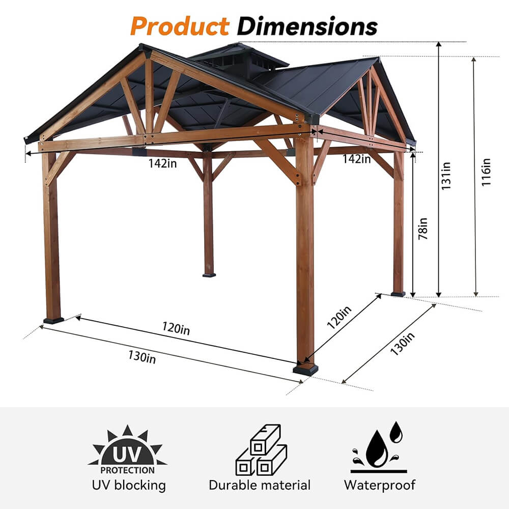 Alora 12x12 ft Cedar Wood Hardtop Gazebo with Galvanized Steel Roof