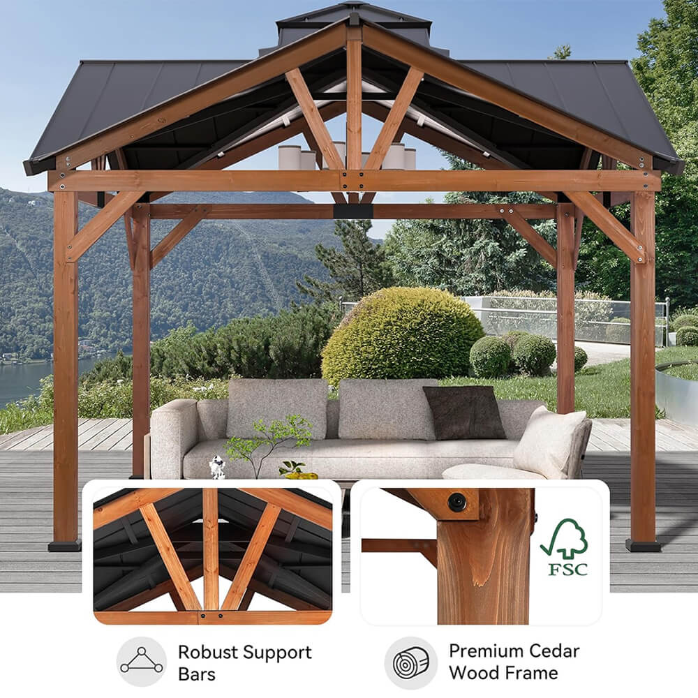 Alora 12x12 ft Cedar Wood Hardtop Gazebo with Galvanized Steel Roof