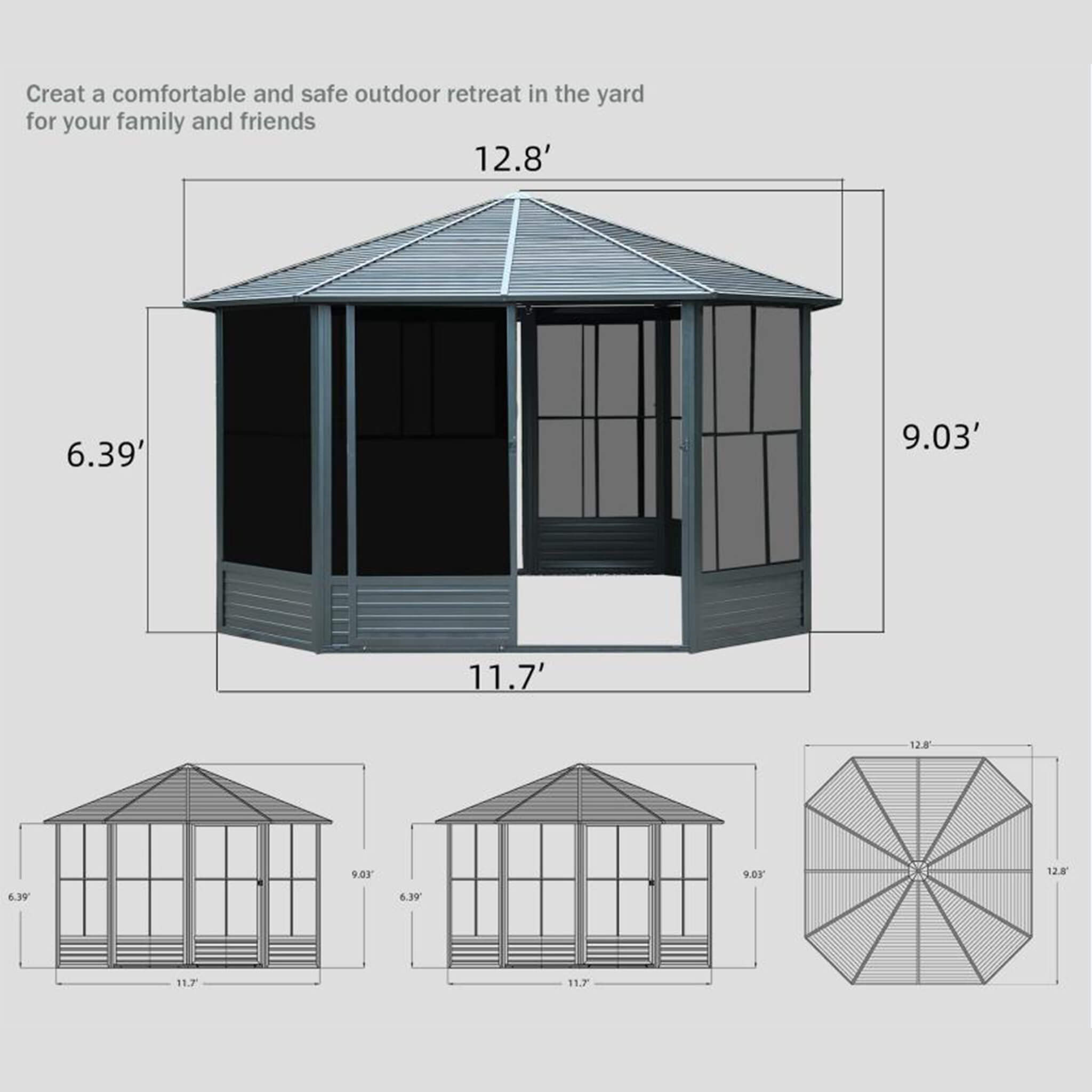 [12X12FT] Alora Prism Large Octagonal Sunroom Solarium With Lockable Sliding Doors And Galvanized Steel Sloping Roof