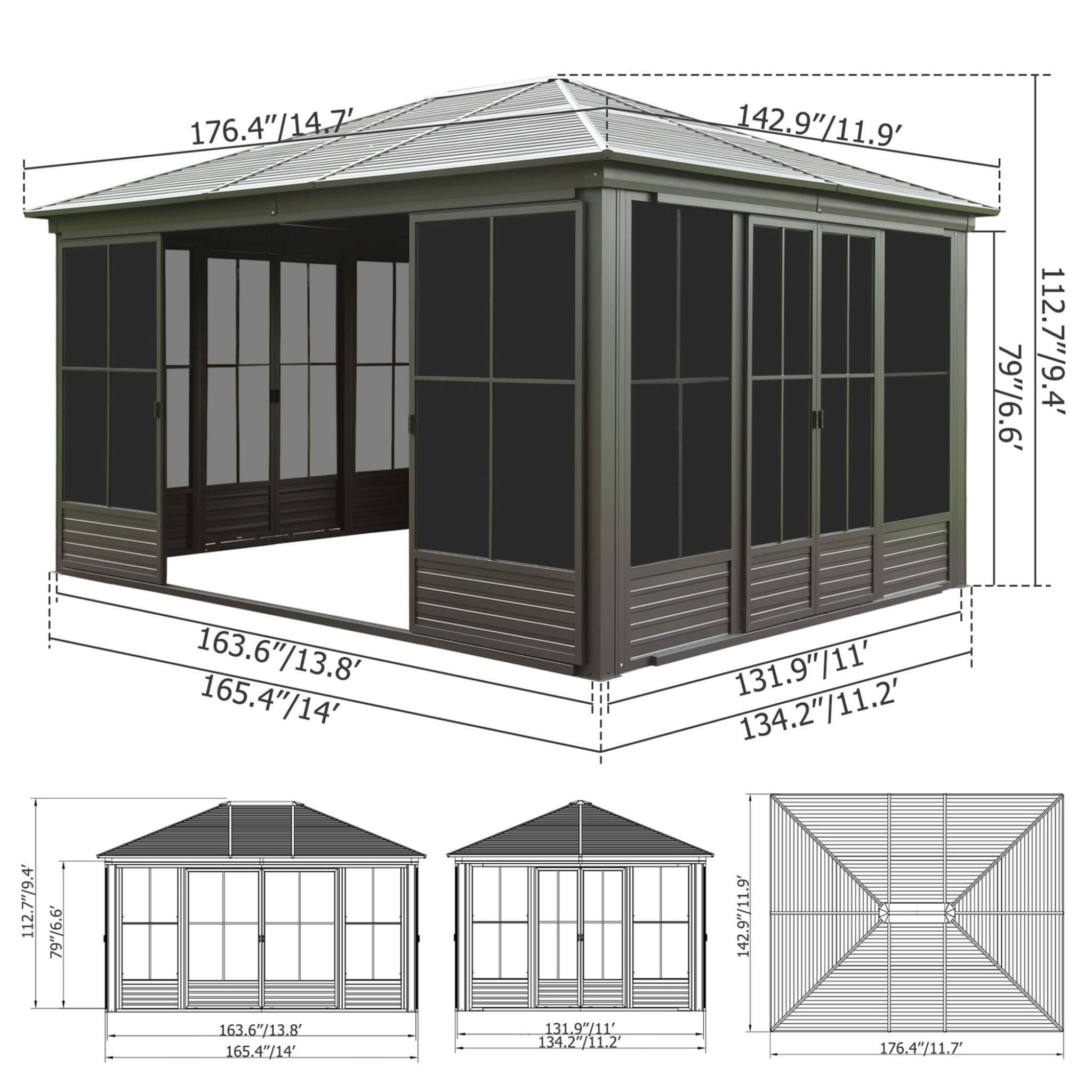 [12X14FT] Alora Serenity Premium All-Weather Outdoor Aluminum Sunroom With Galvanized Steel Hardtop Sloping Roof, Lockable Doors, And Moveable PC Screens