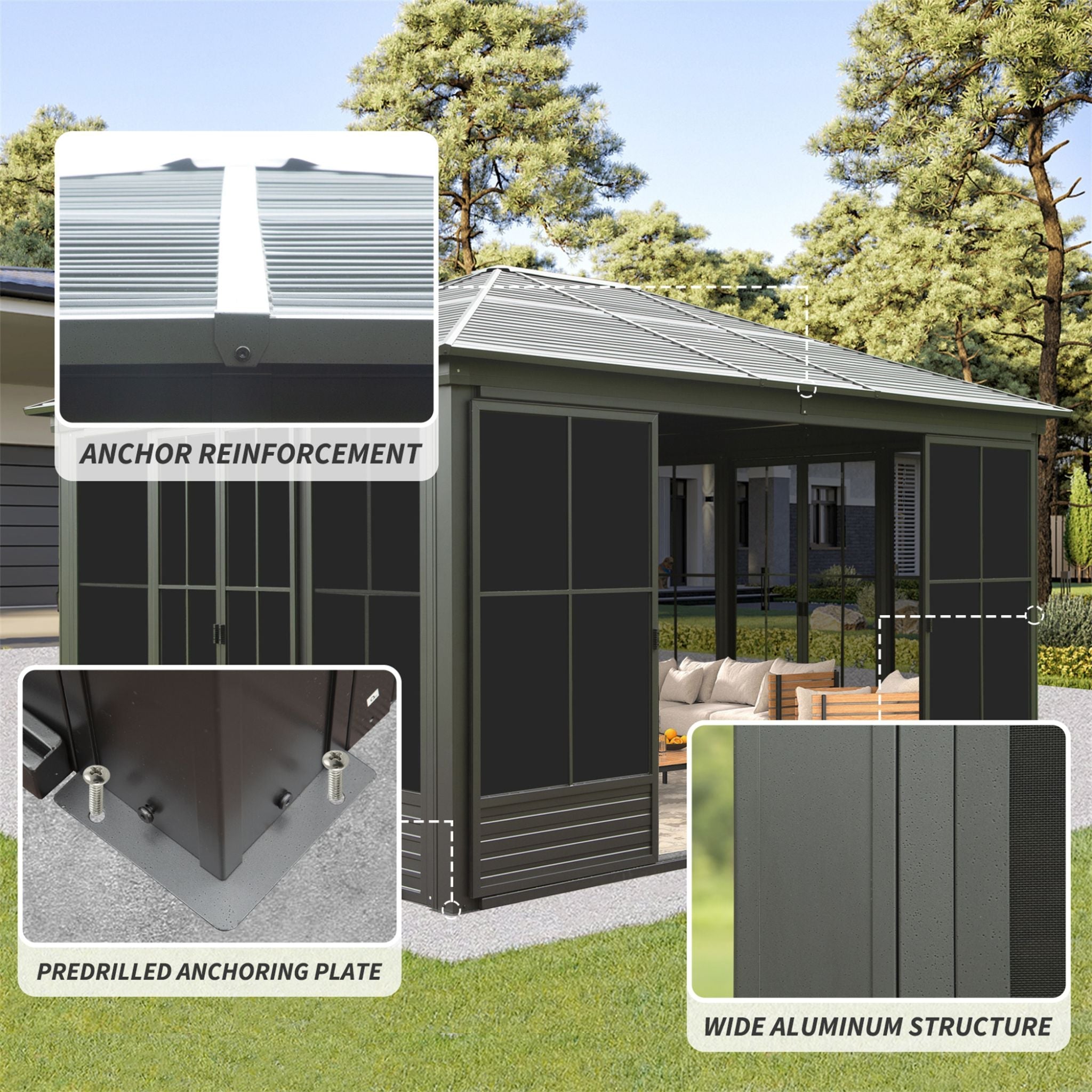 [12X14FT] Alora Serenity Premium All-Weather Outdoor Aluminum Sunroom With Galvanized Steel Hardtop Sloping Roof, Lockable Doors, And Moveable PC Screens