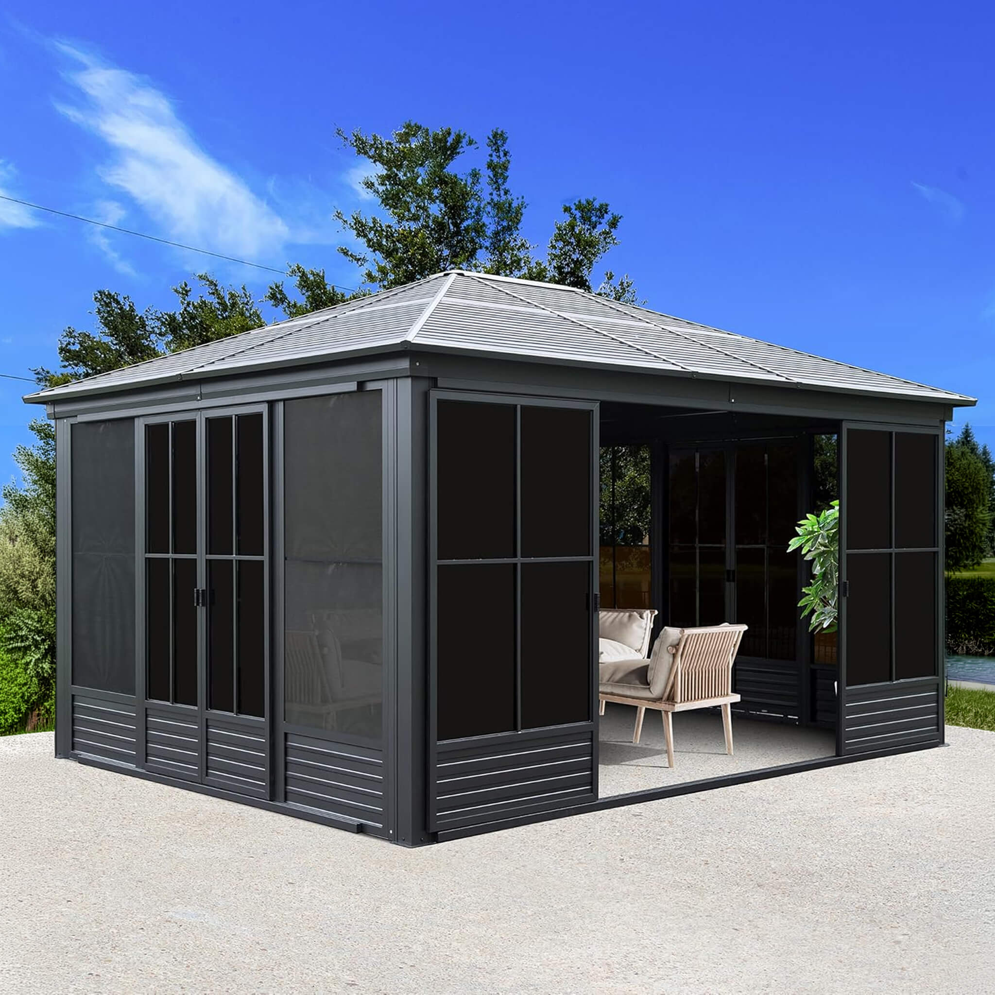 [12X14FT] Alora Serenity Premium All-Weather Outdoor Aluminum Sunroom With Galvanized Steel Hardtop Sloping Roof, Lockable Doors, And Moveable PC Screens
