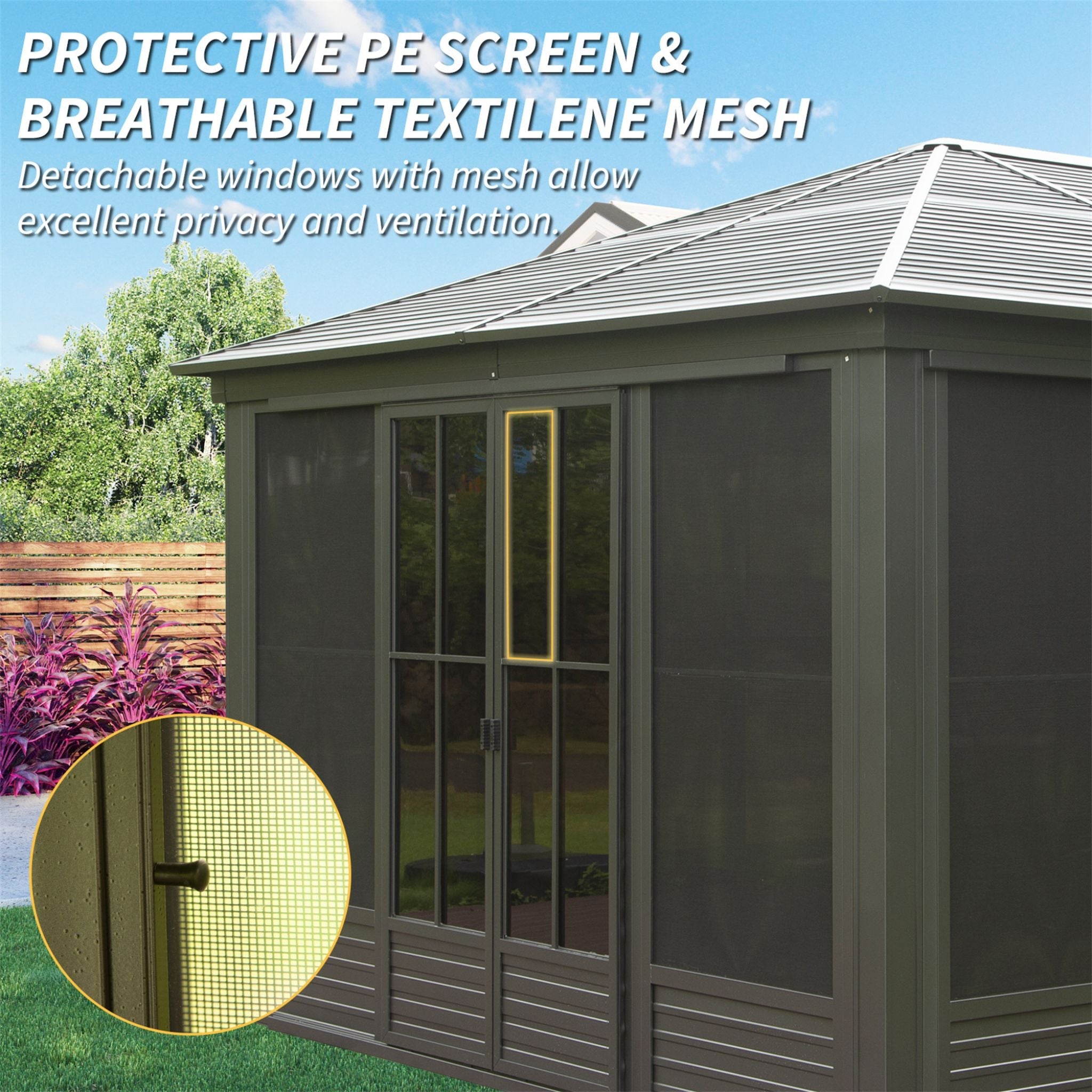 [12X14FT] Alora Serenity Premium All-Weather Outdoor Aluminum Sunroom With Galvanized Steel Hardtop Sloping Roof, Lockable Doors, And Moveable PC Screens