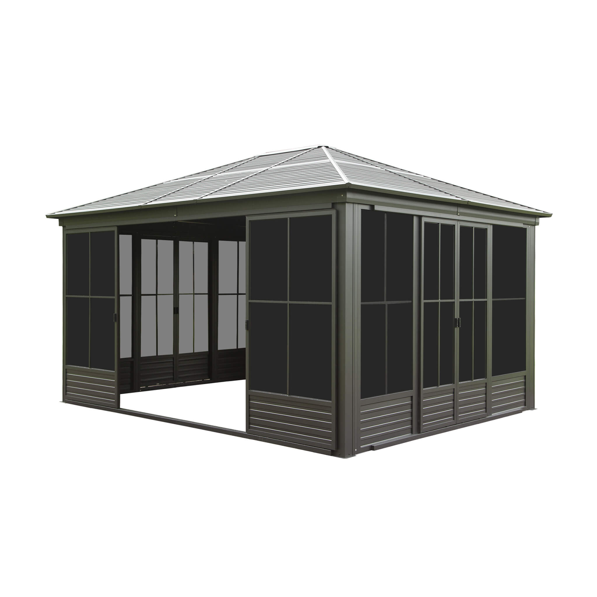 [12X14FT] Alora Serenity Premium All-Weather Outdoor Aluminum Sunroom With Galvanized Steel Hardtop Sloping Roof, Lockable Doors, And Moveable PC Screens
