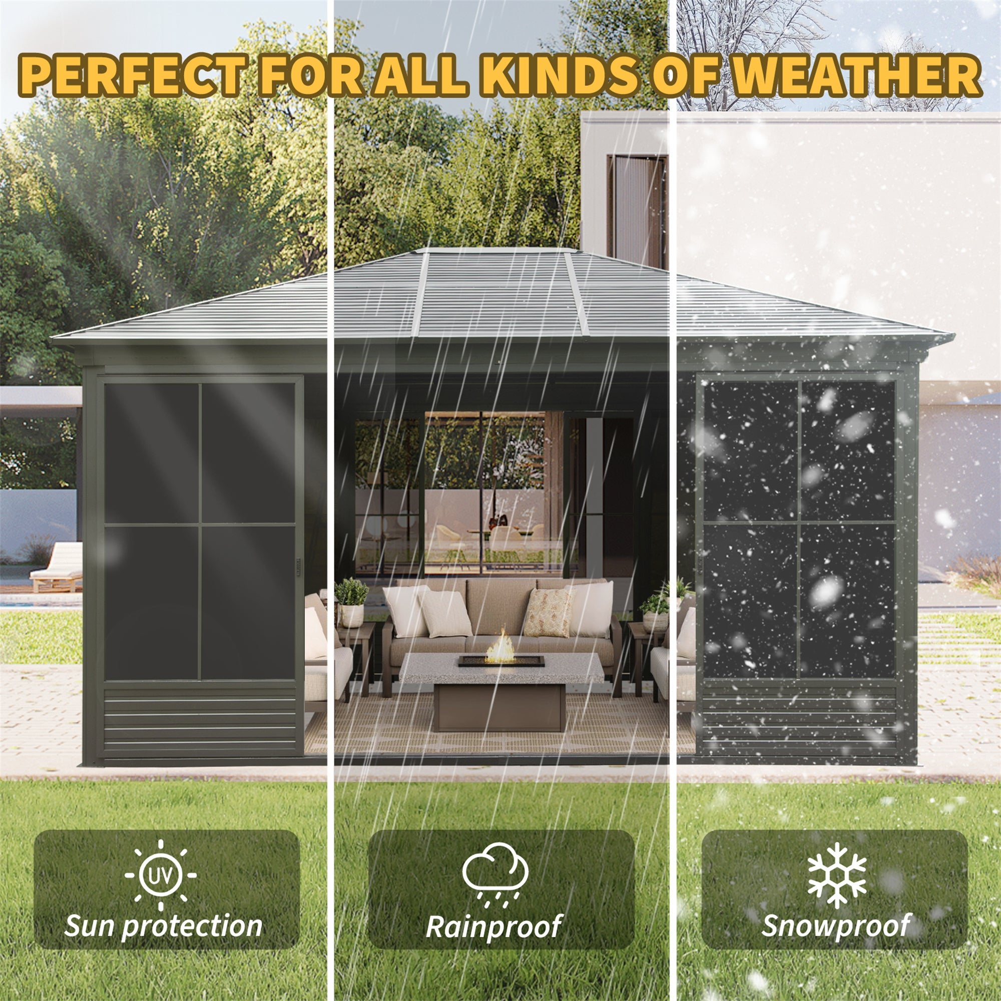 [12X14FT] Alora Serenity Premium All-Weather Outdoor Aluminum Sunroom With Galvanized Steel Hardtop Sloping Roof, Lockable Doors, And Moveable PC Screens
