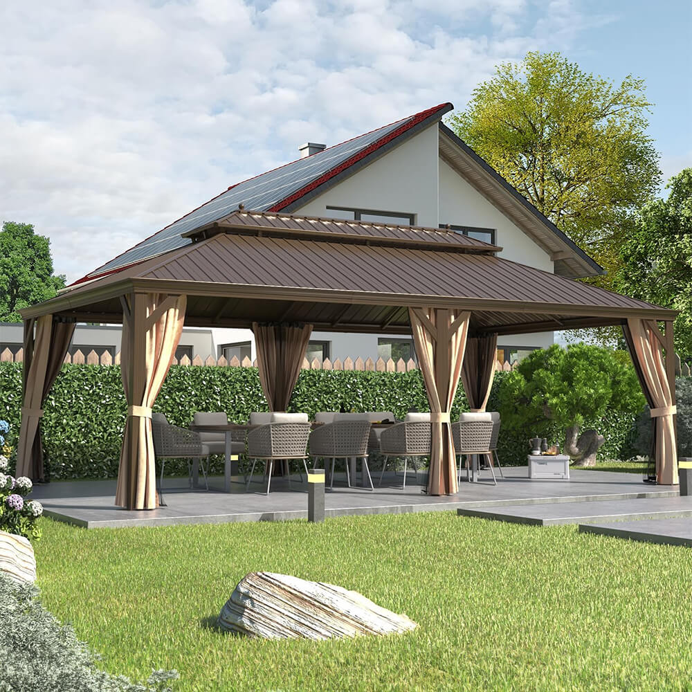 14x24 ft Heavy-Duty Aluminum Hardtop Gazebo with Double Roof, Curtains & Netting – Large Outdoor Pavilion