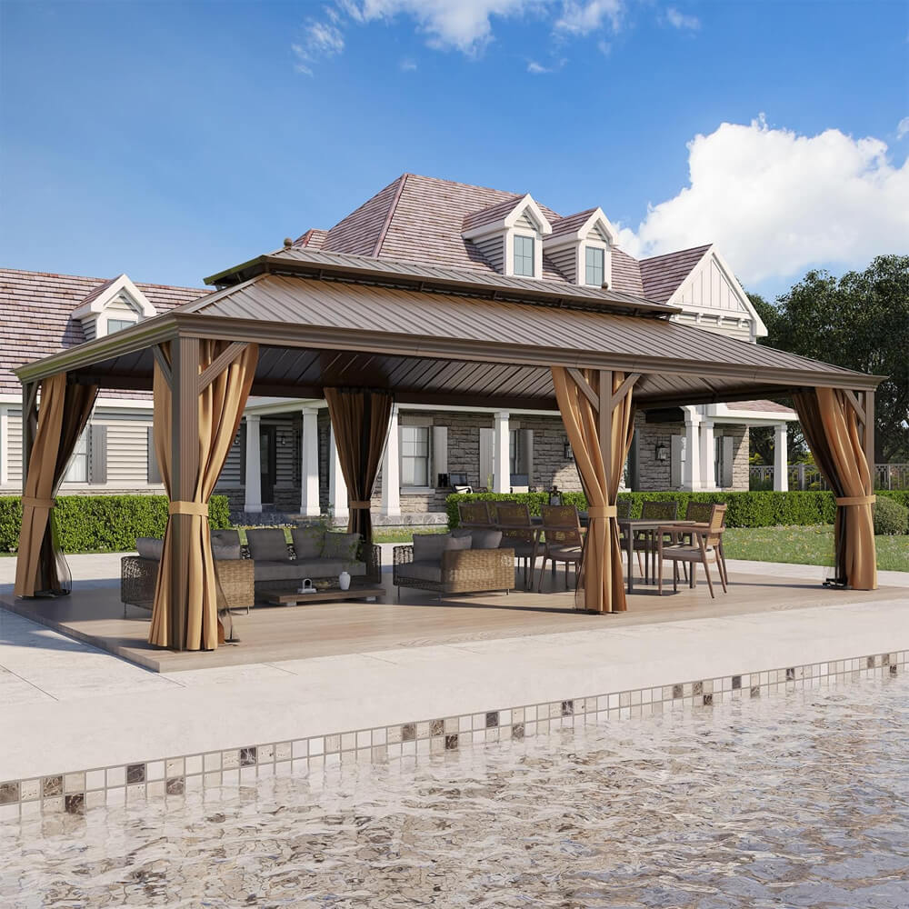 14x24 ft Heavy-Duty Aluminum Hardtop Gazebo with Double Roof, Curtains & Netting – Large Outdoor Pavilion