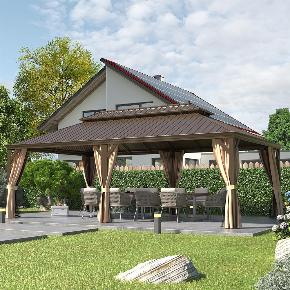 14x24 ft Heavy-Duty Aluminum Hardtop Gazebo with Double Roof, Curtains & Netting – Large Outdoor Pavilion