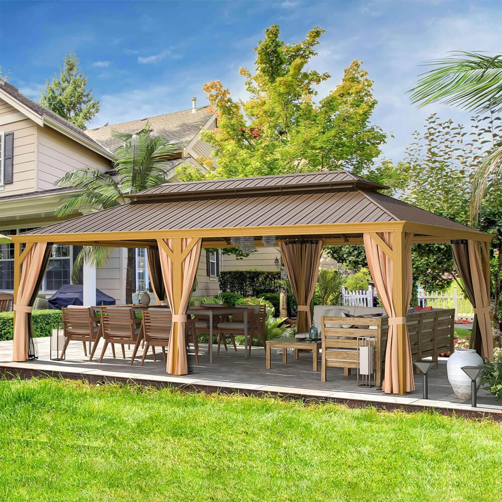 14x24 ft Heavy-Duty Aluminum Hardtop Gazebo with Double Roof, Curtains & Netting – Large Outdoor Pavilion